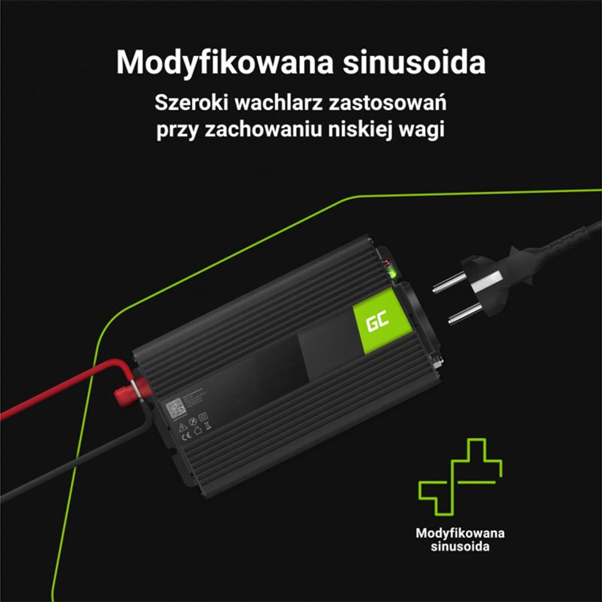 

Green Cell - Przetwornica napięcia Inwerter 24V na 230V 1000W/2000W Modyfikowana sinusoida