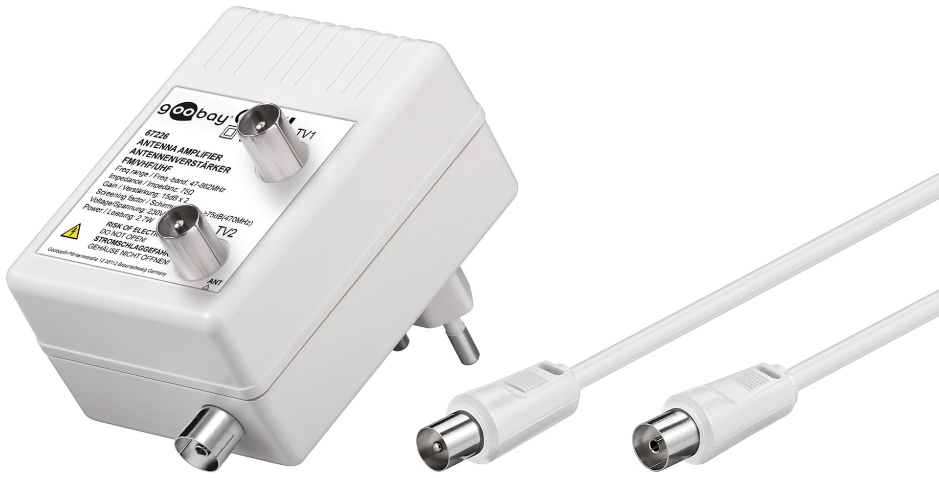 

Wzmacniacz antenowy DVB-T/T2/C Goobay na 2 TV
