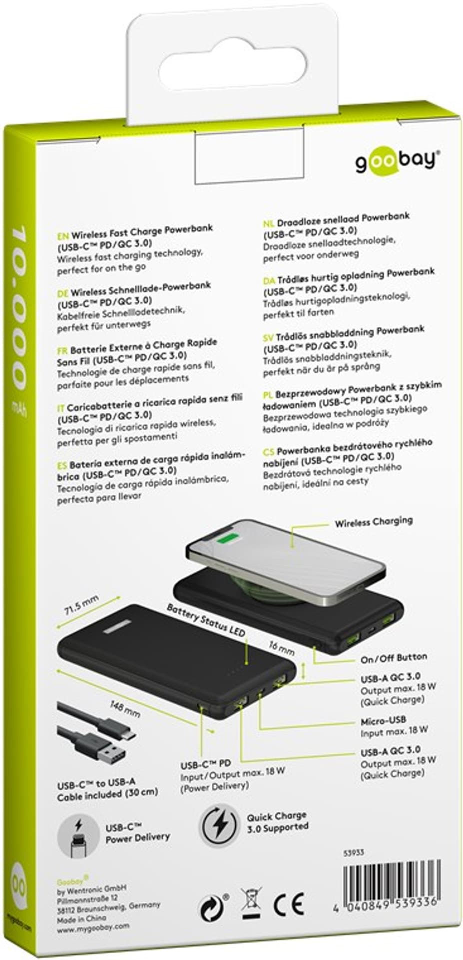 

PowerBank Goobay 10000 mAh QC3.0 PD USB-C INDUKCJA