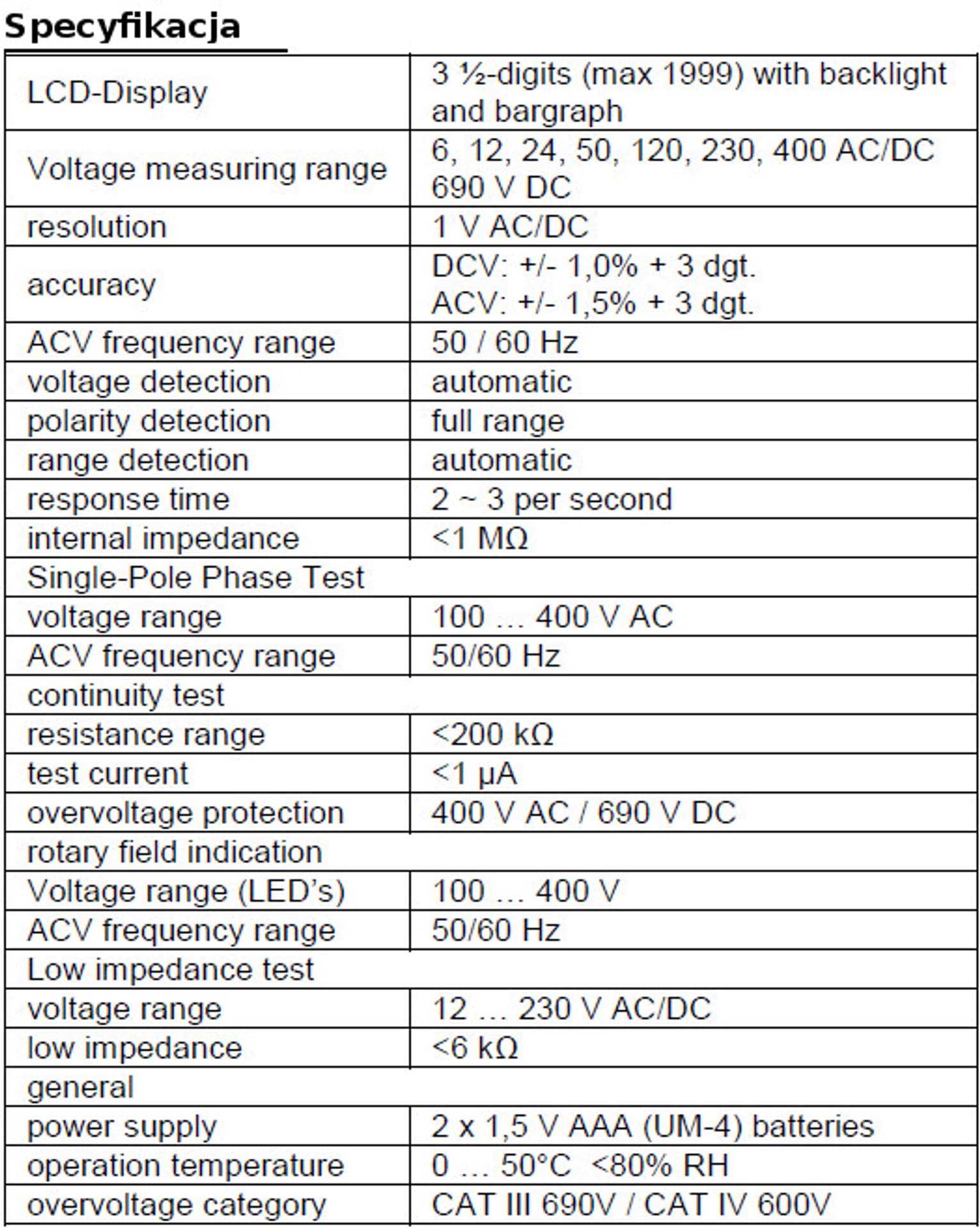 

Tester Napięcia Prądu AC DC +/- LCD PeakTech 1090