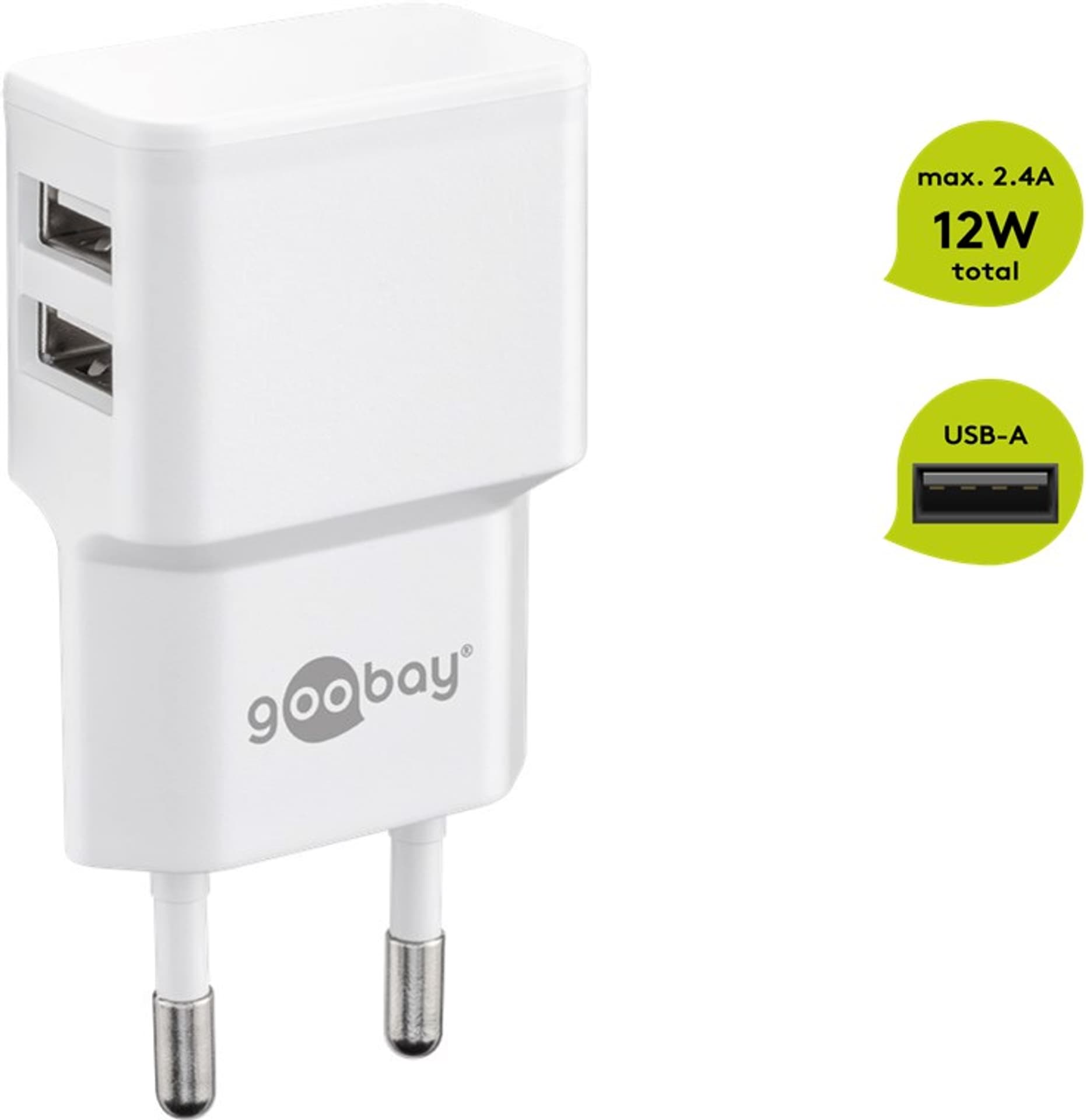 

Ładowarka sieciowa 2x USB 2,4A Goobay biała