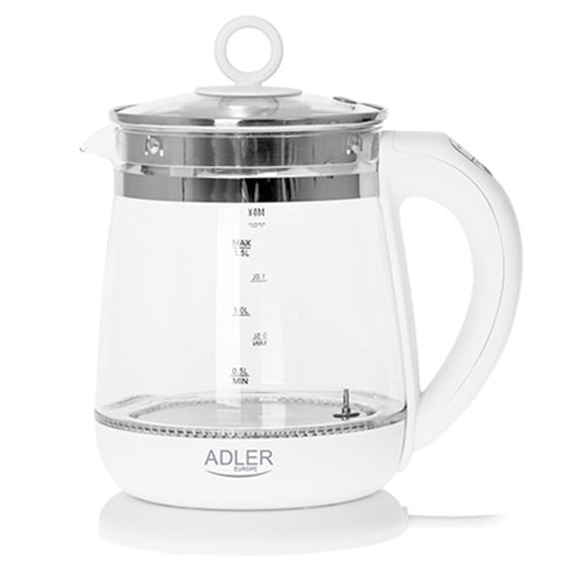 

Adler Kettle AD 1299 Electric, 2200 W, 1.5 L, Glass/Stainless steel, 360 rotational base, White
