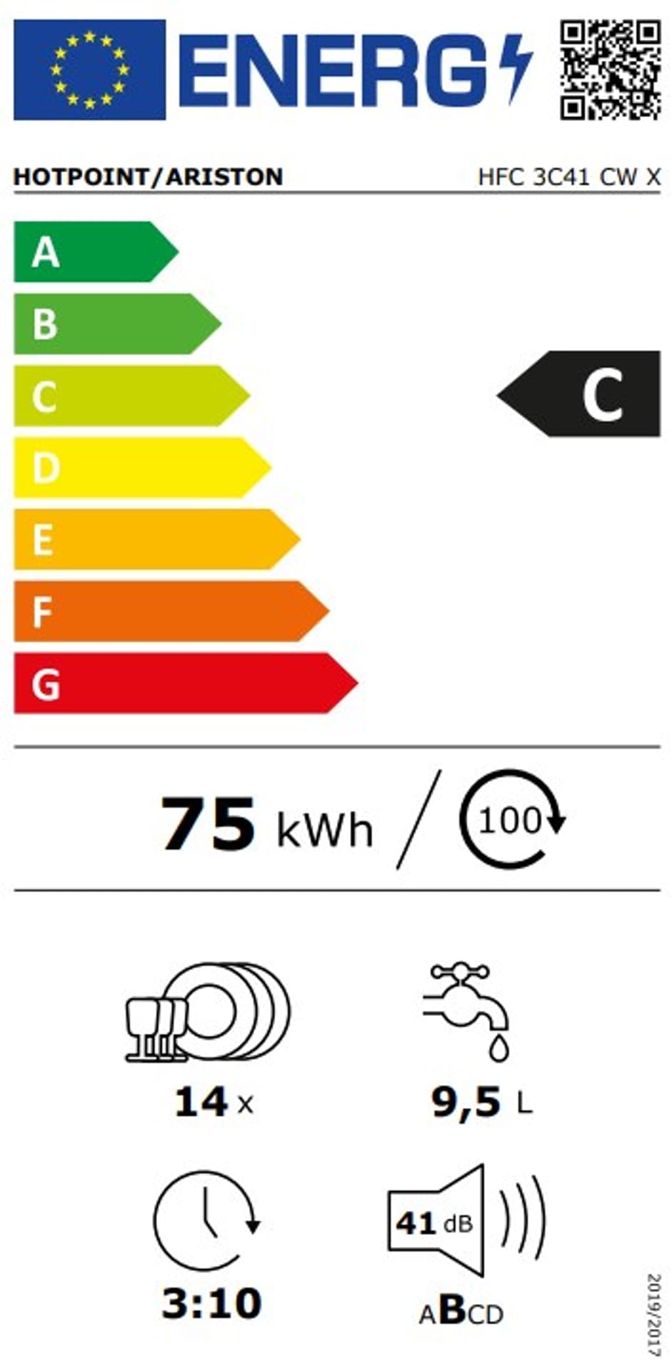 

Hotpoint Dishwasher HFC 3C41 CW X Free standing, Width 60 cm, Number of place settings 14, Number of programs 9, Energy efficien