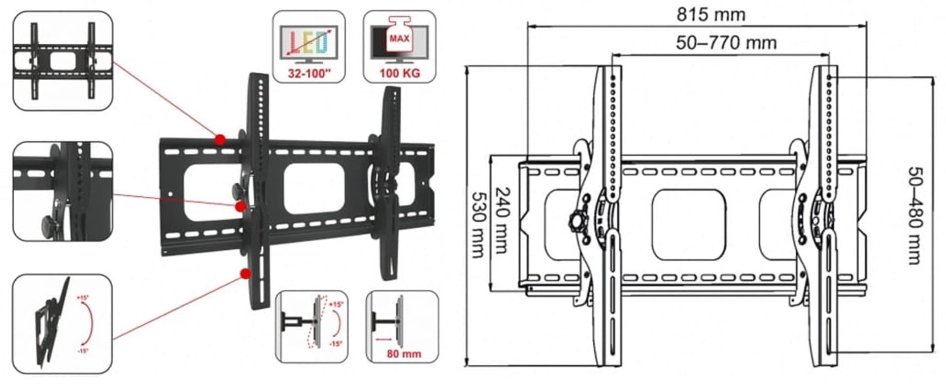 

Uchwyt TV wieszak na telewizor 32-100` 100kg AR-08