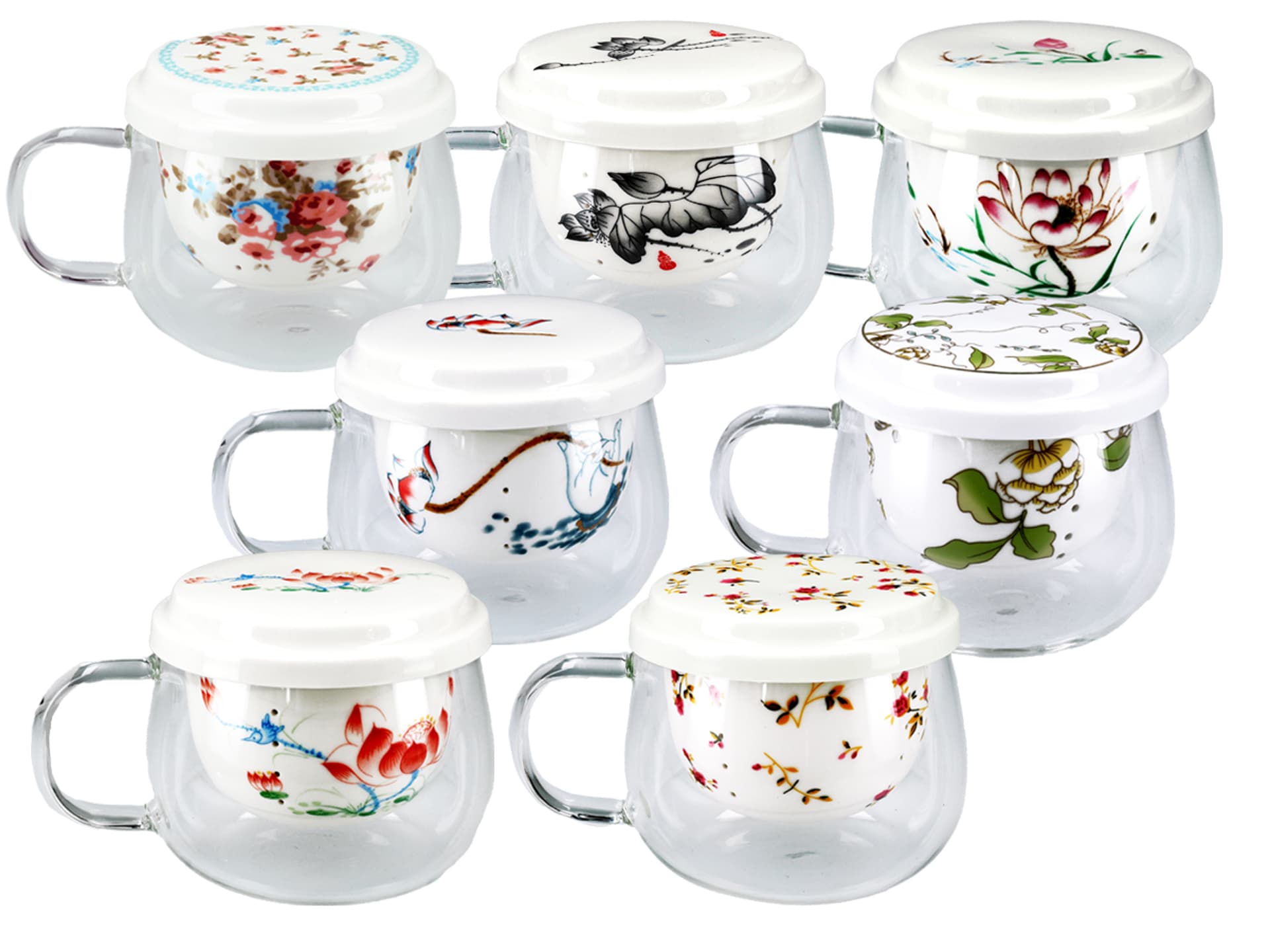 

Kubek szklany z ceramicznym zaparzaczem i przykrywką.
