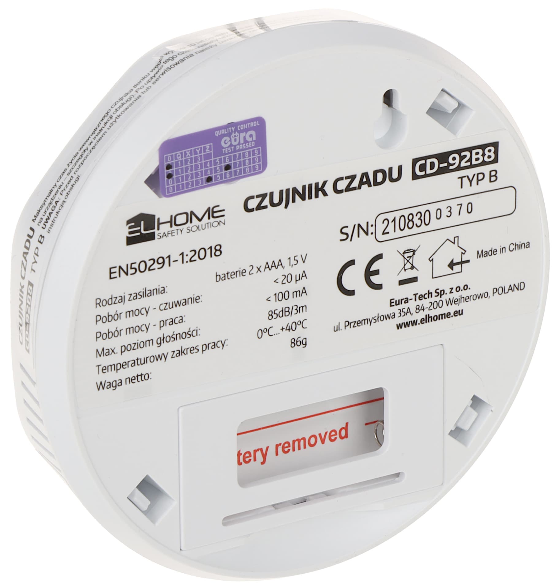 

CZUJKA TLENKU WĘGLA (CZADU) CD-92B8 EURA / EL HOME, Czadu) cd-92b8 eura / el hom
