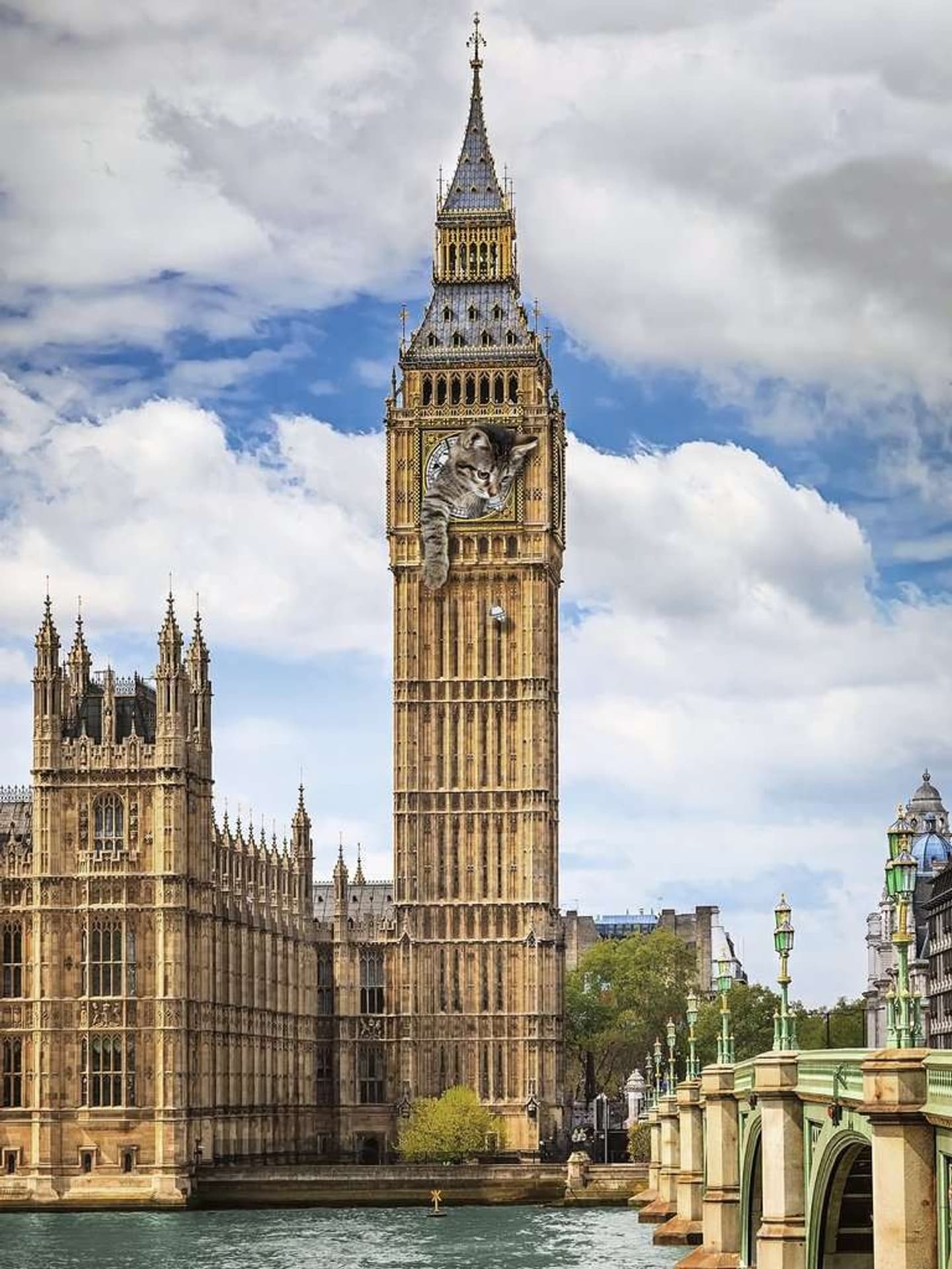 

Puzzle 1500 elementów Zabawny kot na zegarze Big Ben
