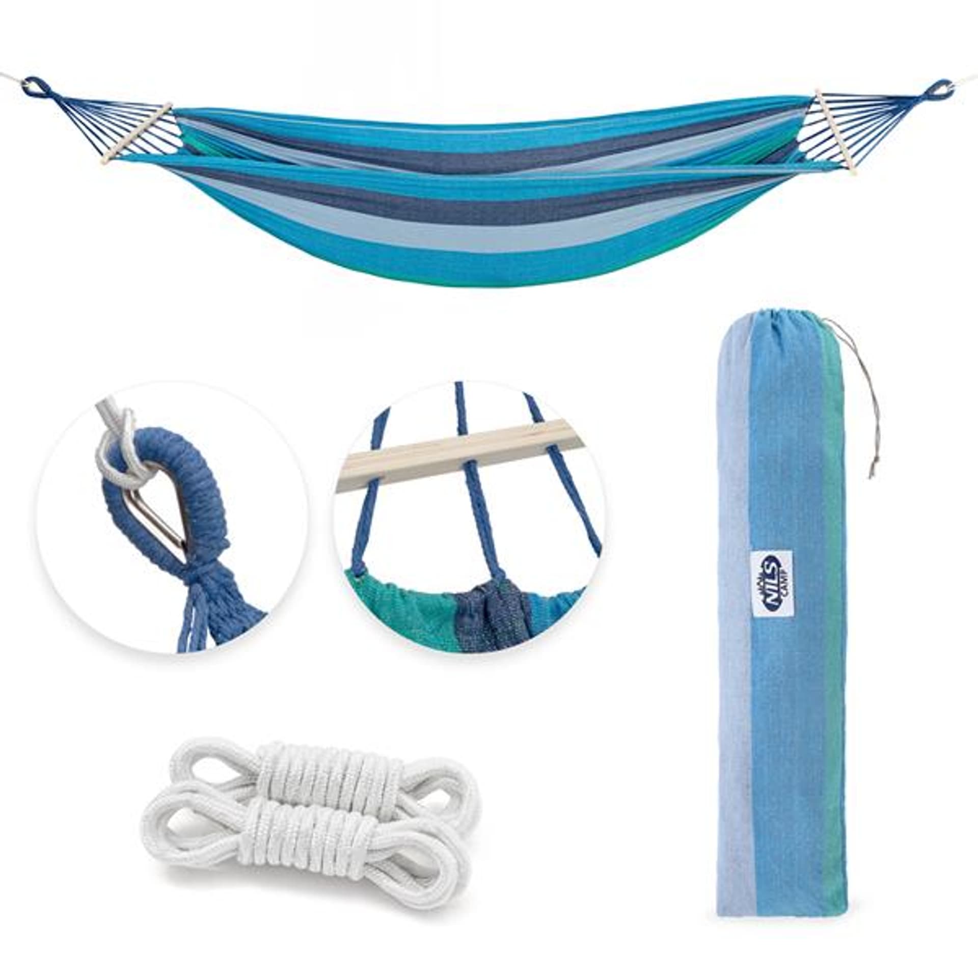 

NC9004 NIEBIESKI-CIEMNO NIEBIESKI HAMAK Z DREWNIANĄ BELKA 70CM I METALOWYM UCHWYTEM NILS CAMP