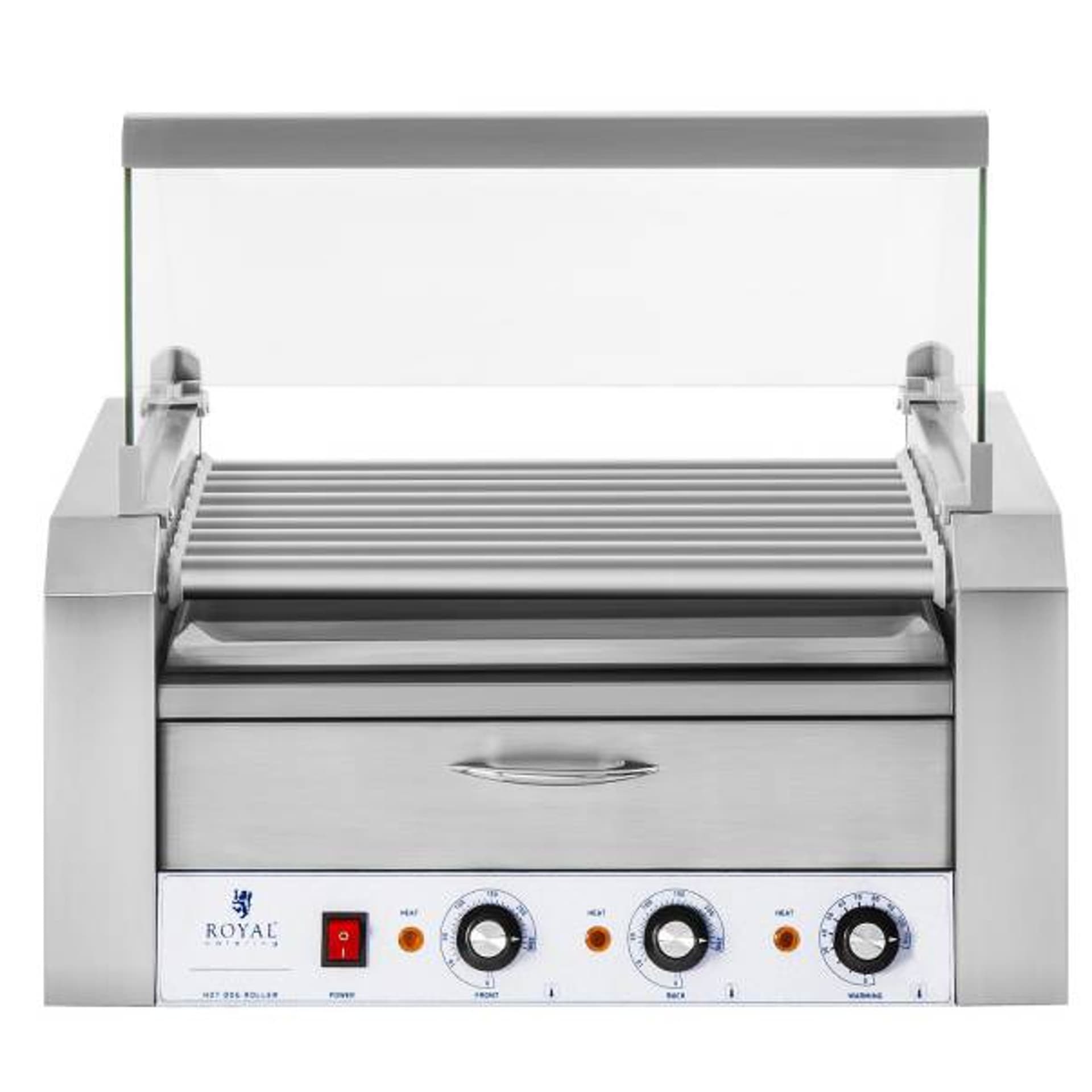 

Roller grill rolkowy z osłoną i szufladą grzewczą do bułek 16 parówek HotDog 2200W 230V Royal Catering