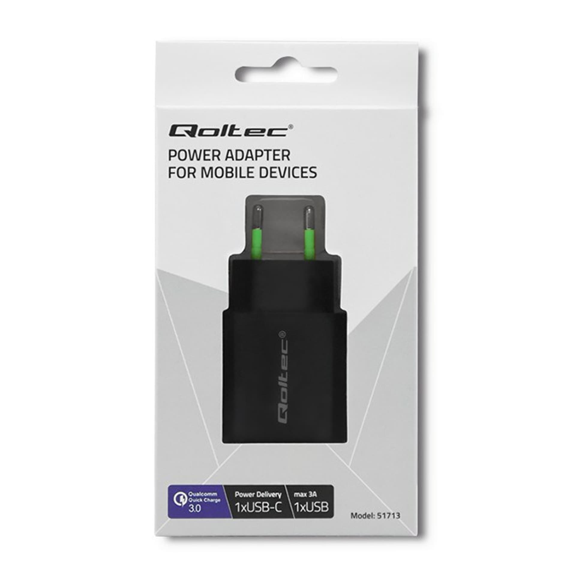 

QOLTEC ŁADOWARKA SIECIOWA 18W | 5-12V | 1.5-3A | USB TYP C PD | USB QC 3.0 | CZARNA