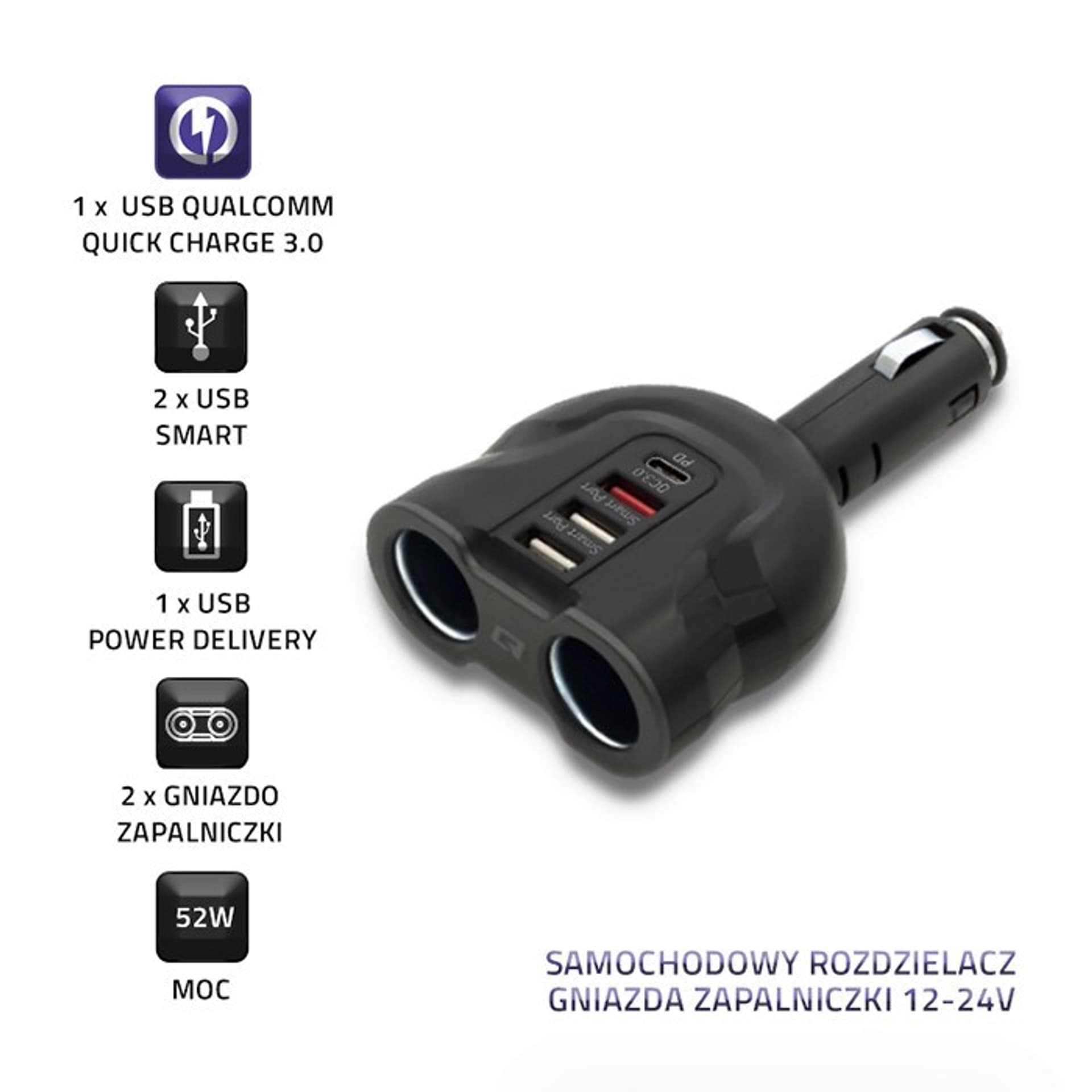 

QOLTEC ROZDZIELACZ SAMOCHODOWY GNIAZDA ZAPALNICZKI X2 | 52W | USBX2 | USB QC 3.0 | USB C PD