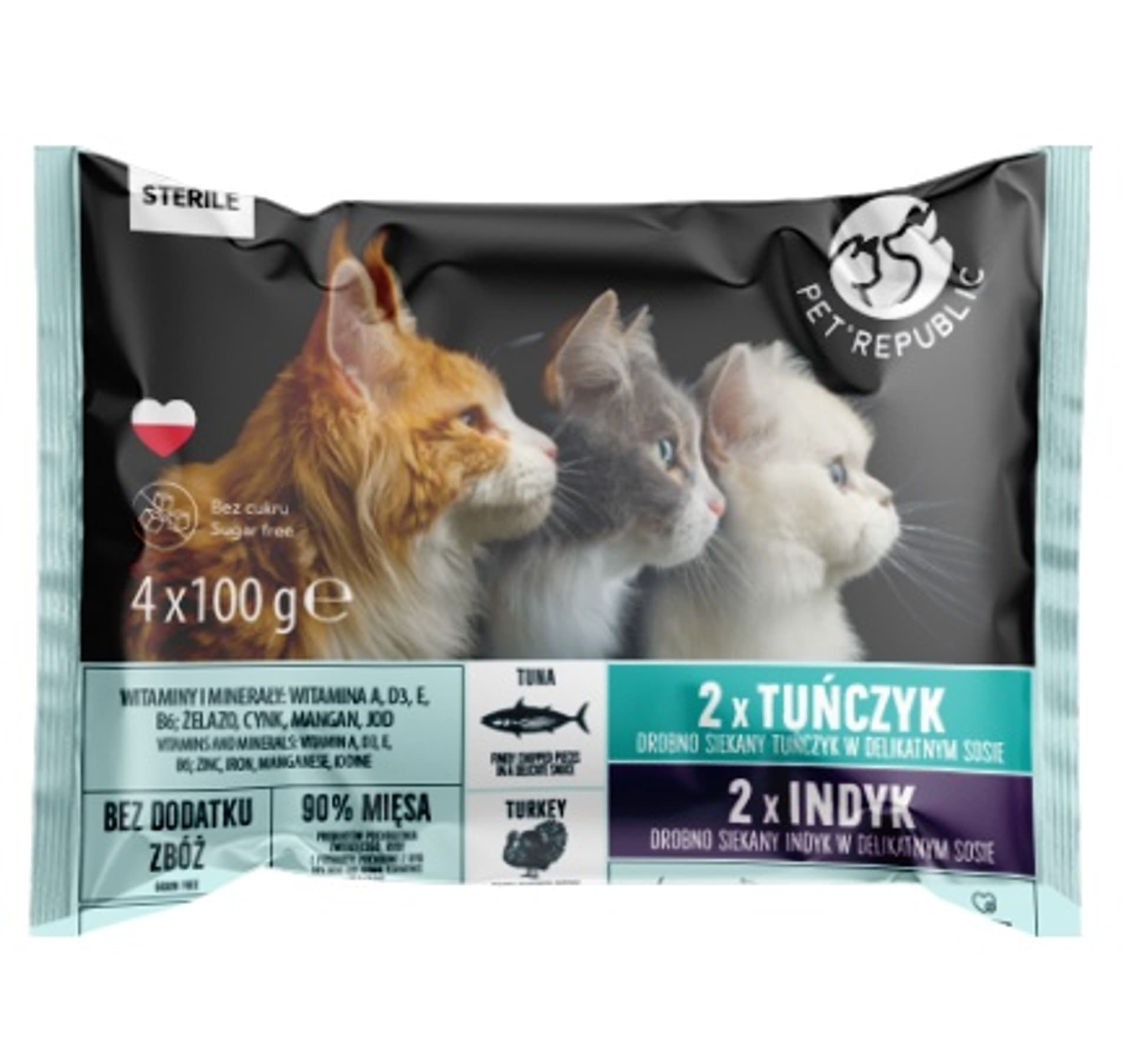 

PETREPUBLIC Fileciki z tuńczykiem w sosie i indykiem w sosie saszetki dla kota 4x100g