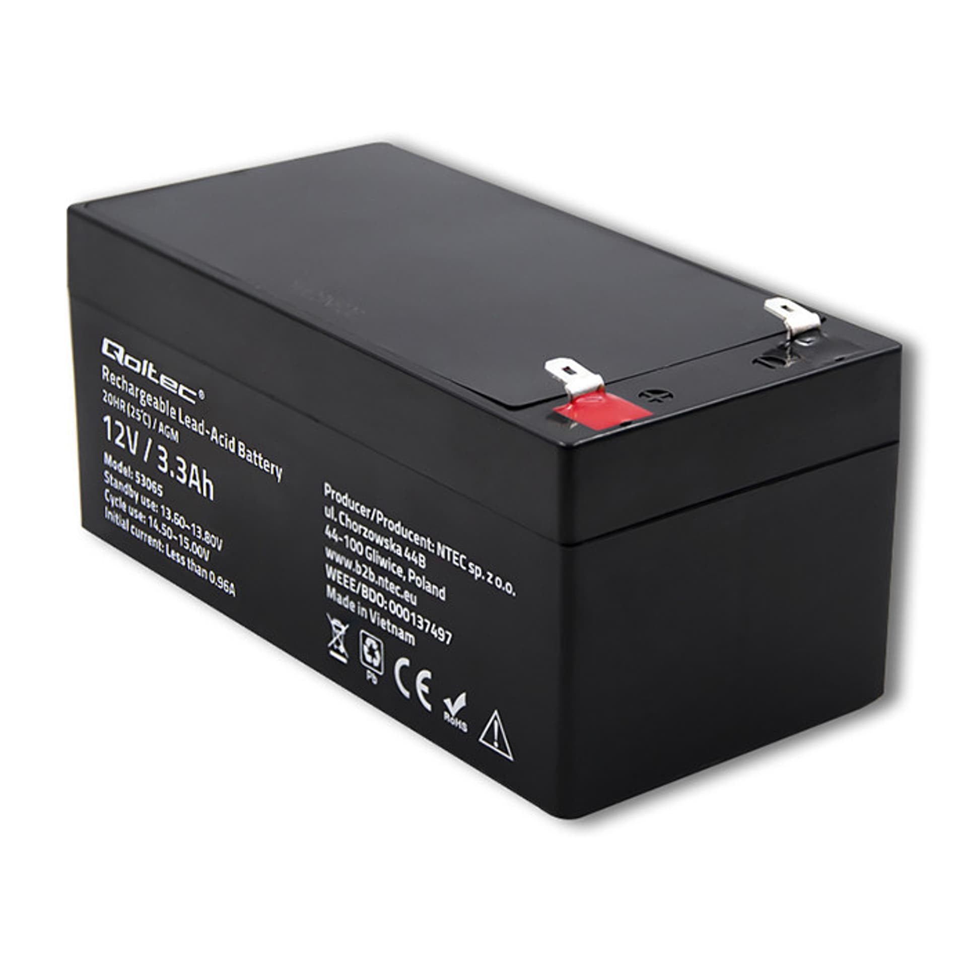 

Qoltec Akumulator AGM | 12V | 3.3Ah | max. 49.5A (0NC)