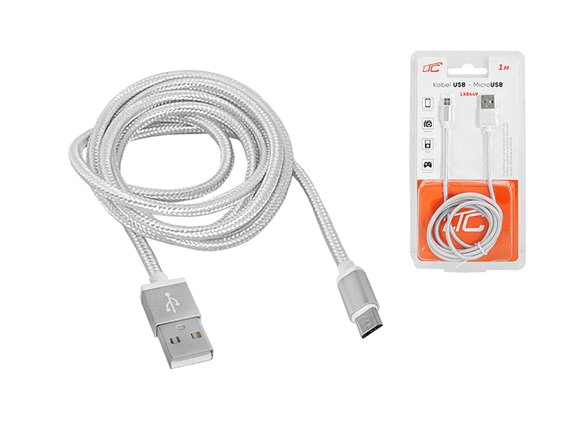 

1 szt. PS Kabel USB -microUSB, 1m, srebrny.