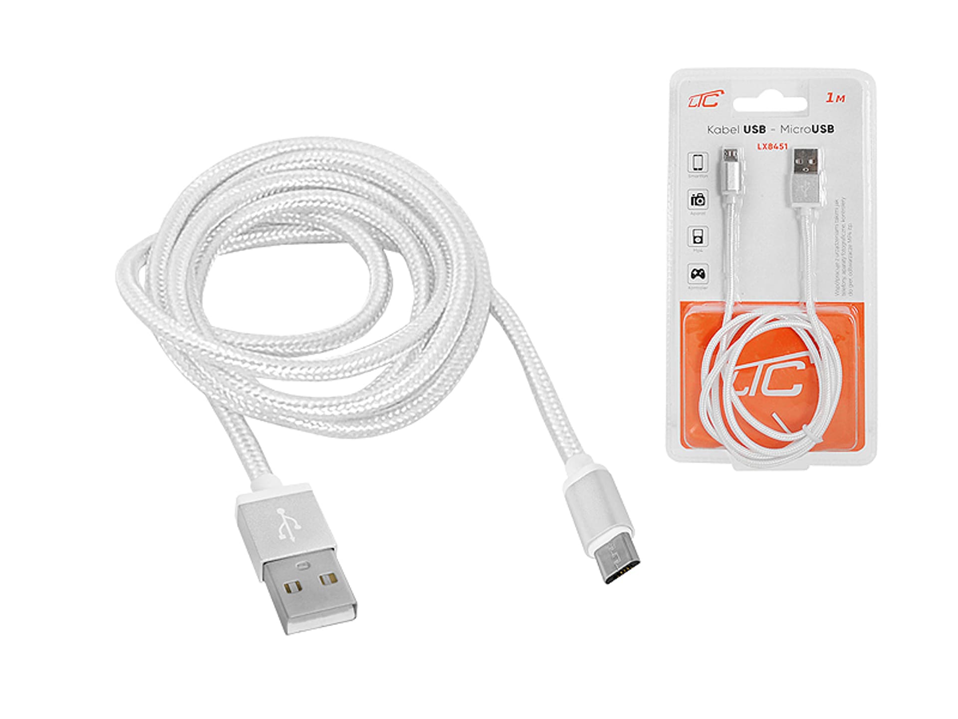 

1 szt. PR Kabel USB -microUSB, 1m, biały.