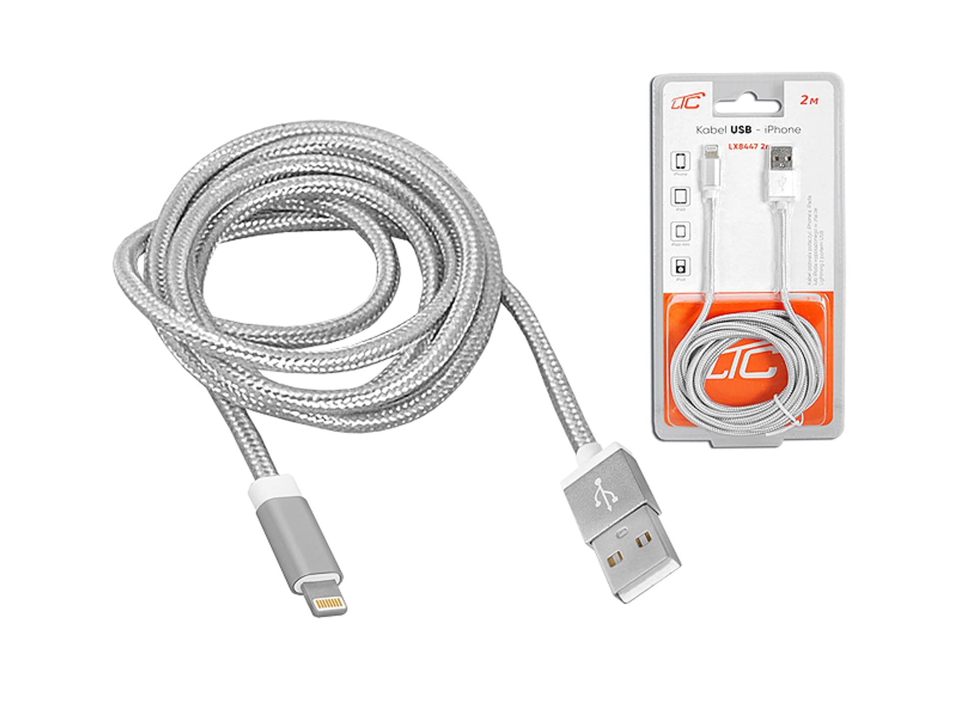 

PS Kabel USB -Iphone 2m, srebrny. (1LM)