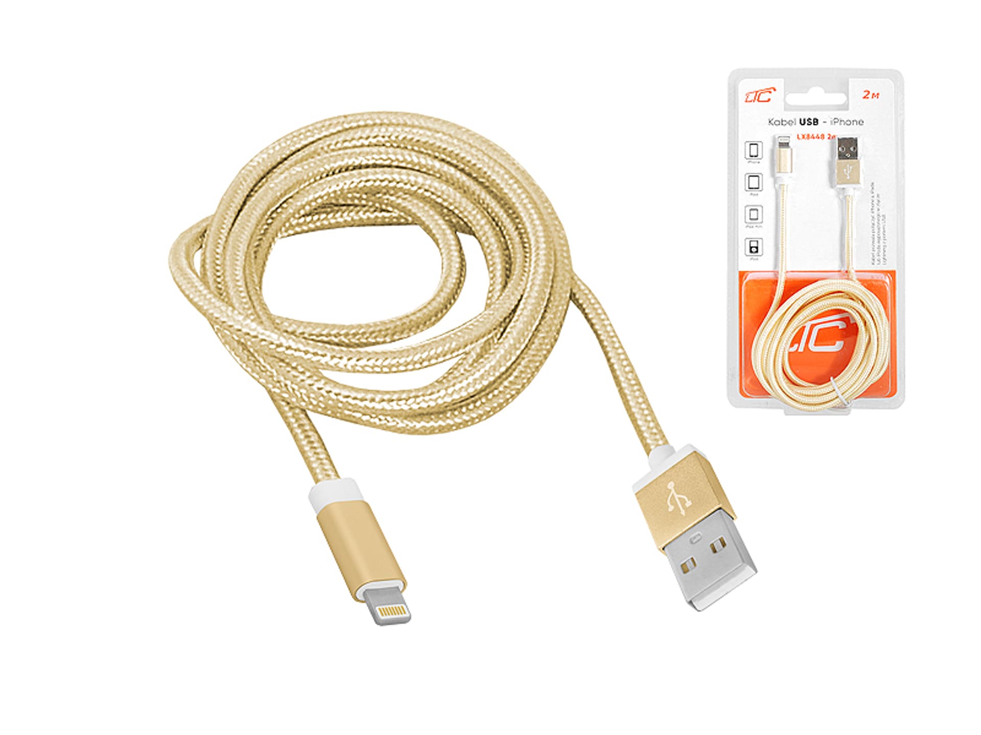 

PS Kabel USB -Iphone 2m, złoty. (1LM)
