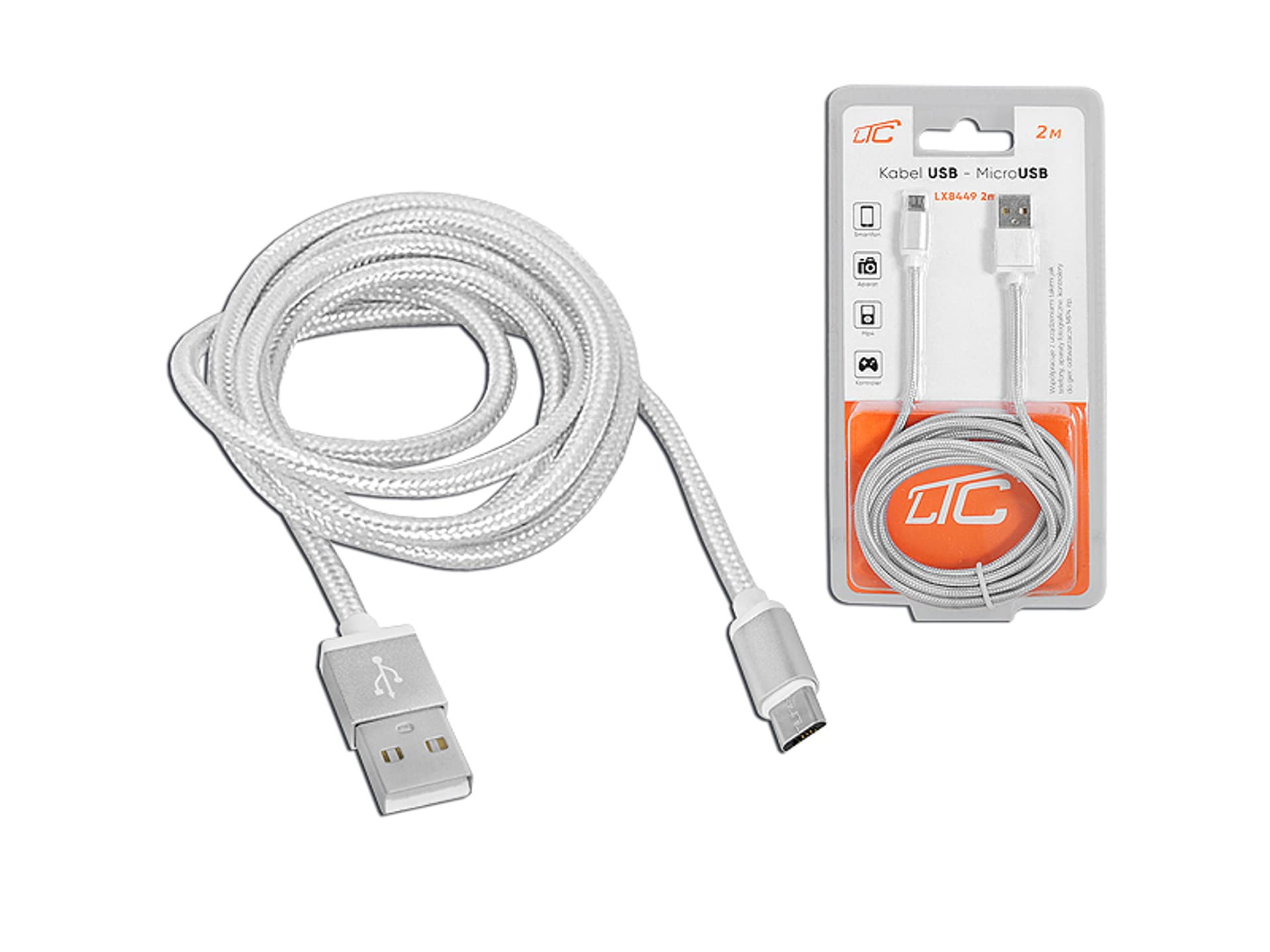 

PS Kabel USB -microUSB 2m, srebrny. (1LM)