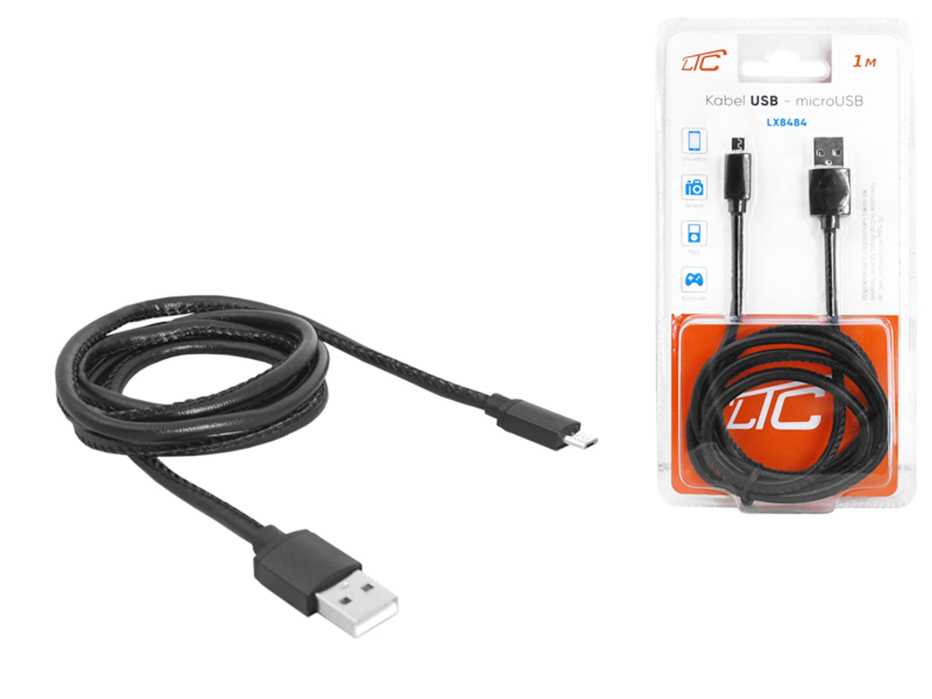 

1 szt. PS Kabel USB-microUSB, 1m, czarny, skórzany.