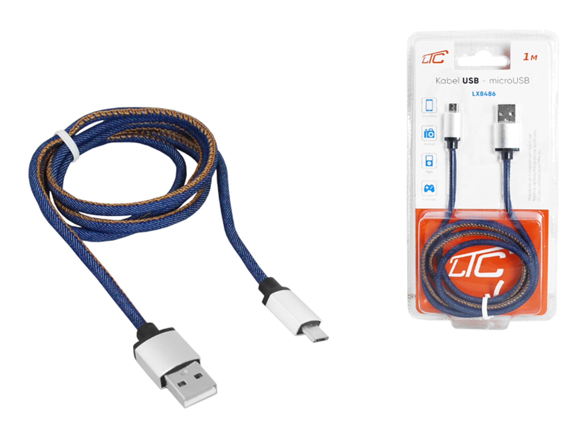 

1 szt. PS Kabel USB-microUSB, 1m, jeans.