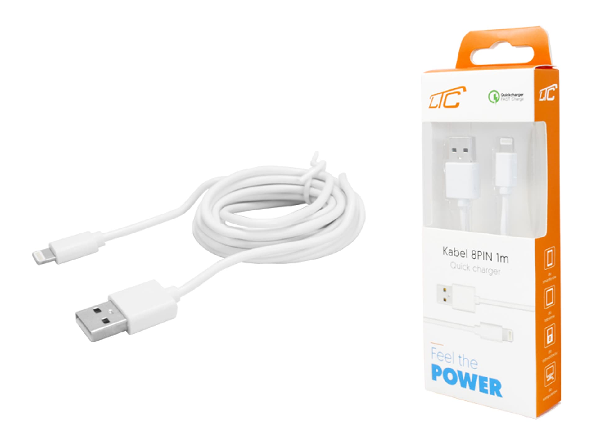 

1 szt. PS Kabel IPHONE 8PIN, 1m, biały, Quick Charge.