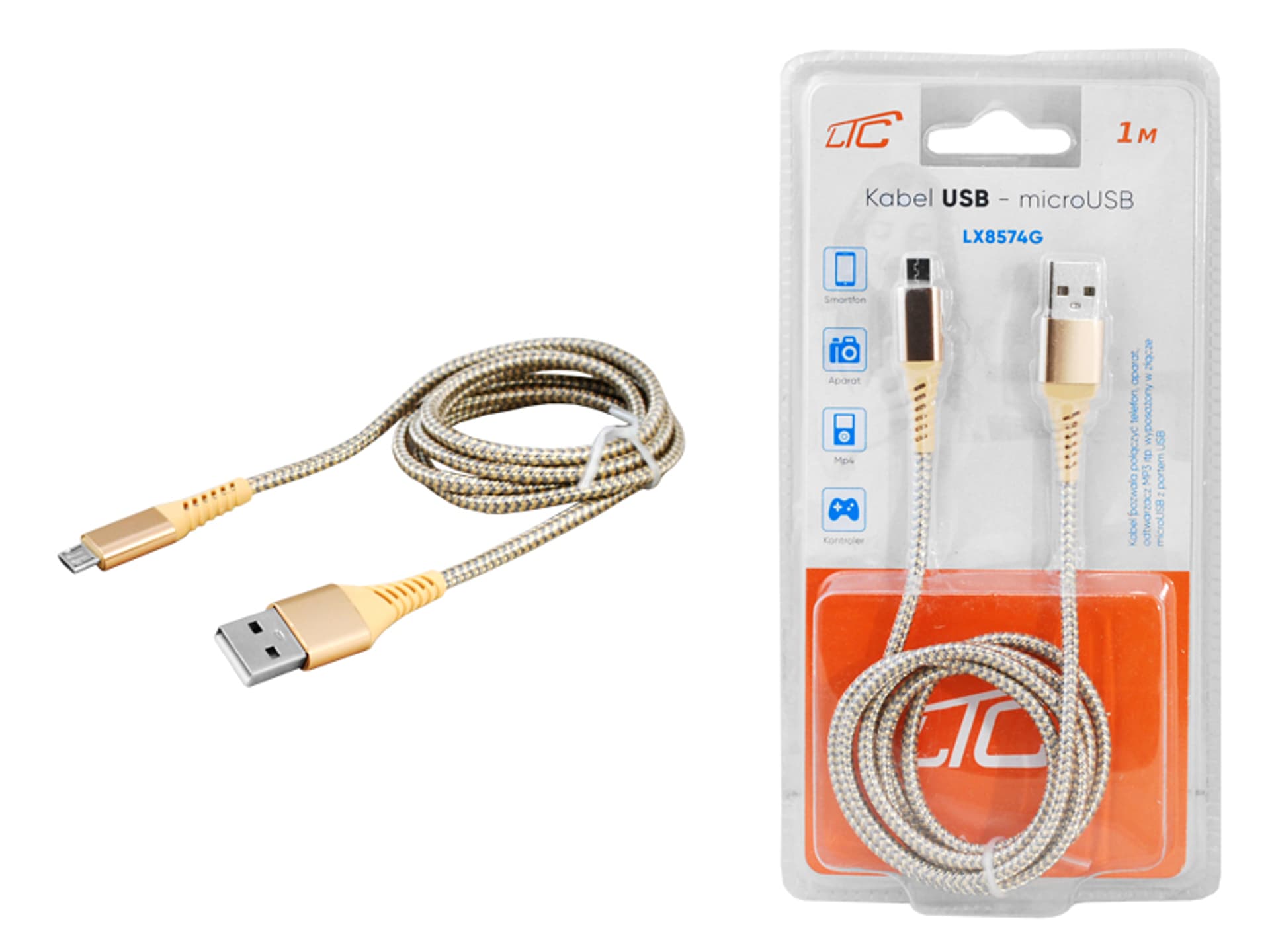 

1 szt. PS Kabel USB - microUSB, 1m, złoty.