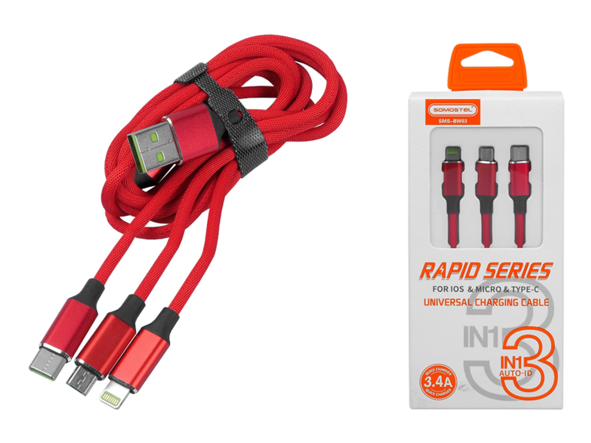 

1 szt. Kabel USB/Type-C/microUSB/iPhone, 3w1, QC 3,4A, Somostel Powerline SMS-BW03, czerwony.
