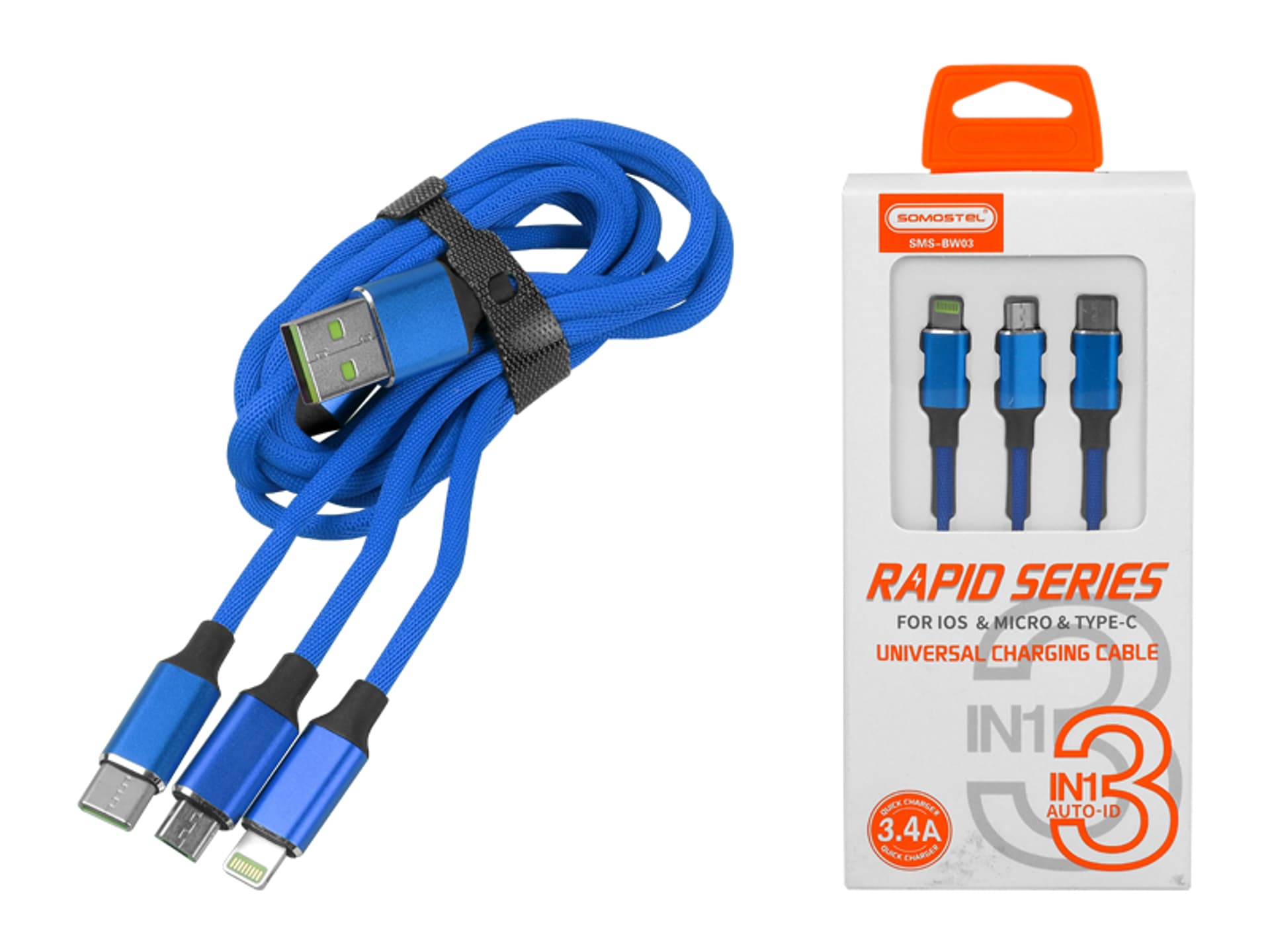 

1 szt. Kabel USB/Type-C/microUSB/Lightning, 3w1, QC 3,4A Somostel Powerline SMS-BW03, niebieski.