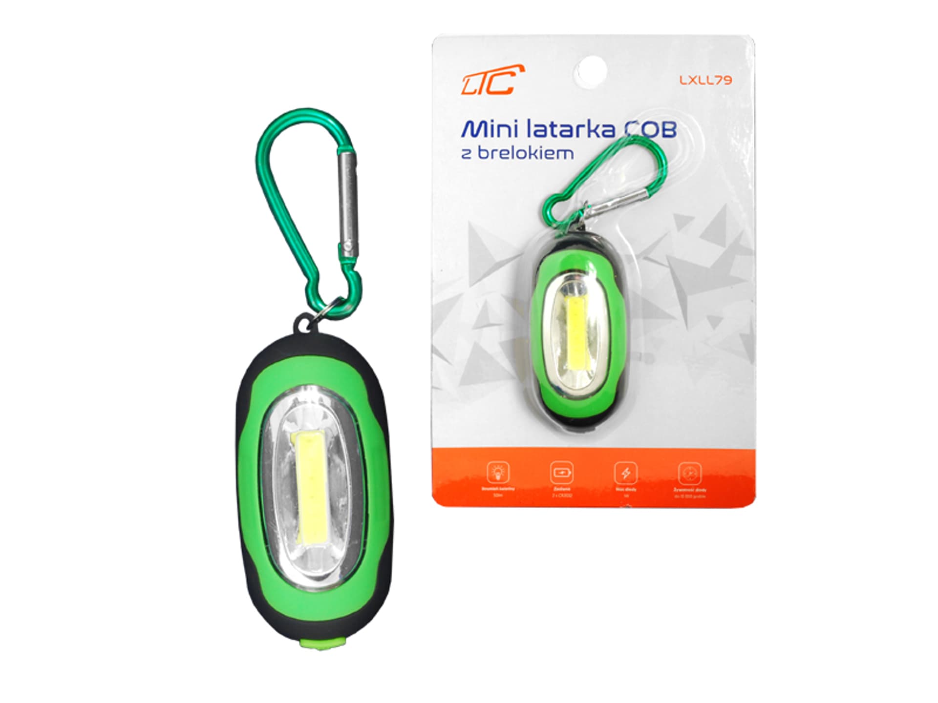

1 szt. Latarka brelok 1W COB z magnesem, zielona, 2xCR2032.