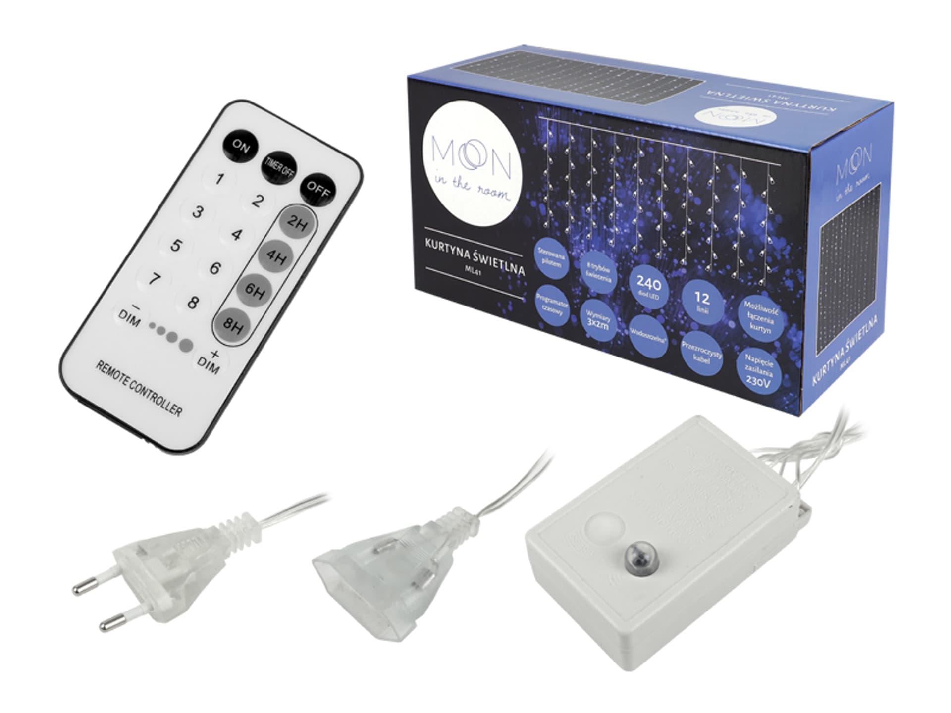 

1 szt. Kurtyna świetlna 240 x LED, 3 x 2 m, 8 funkcji, AC 230 V, sterowana pilotem, światło zimne białe.