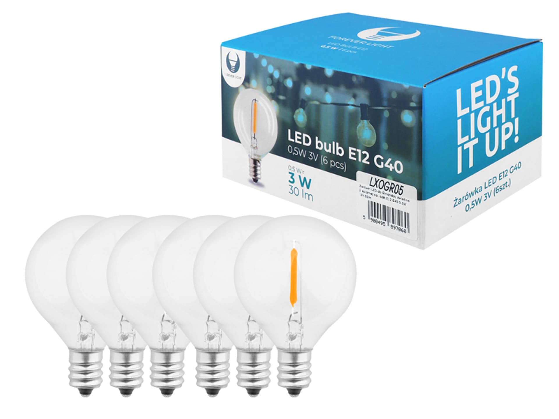 

1 op. Żarówki LED do Girlandy świetlnej solarnej op. 6szt. E12 G40, 0.5 W, 3 V, 30 lm.