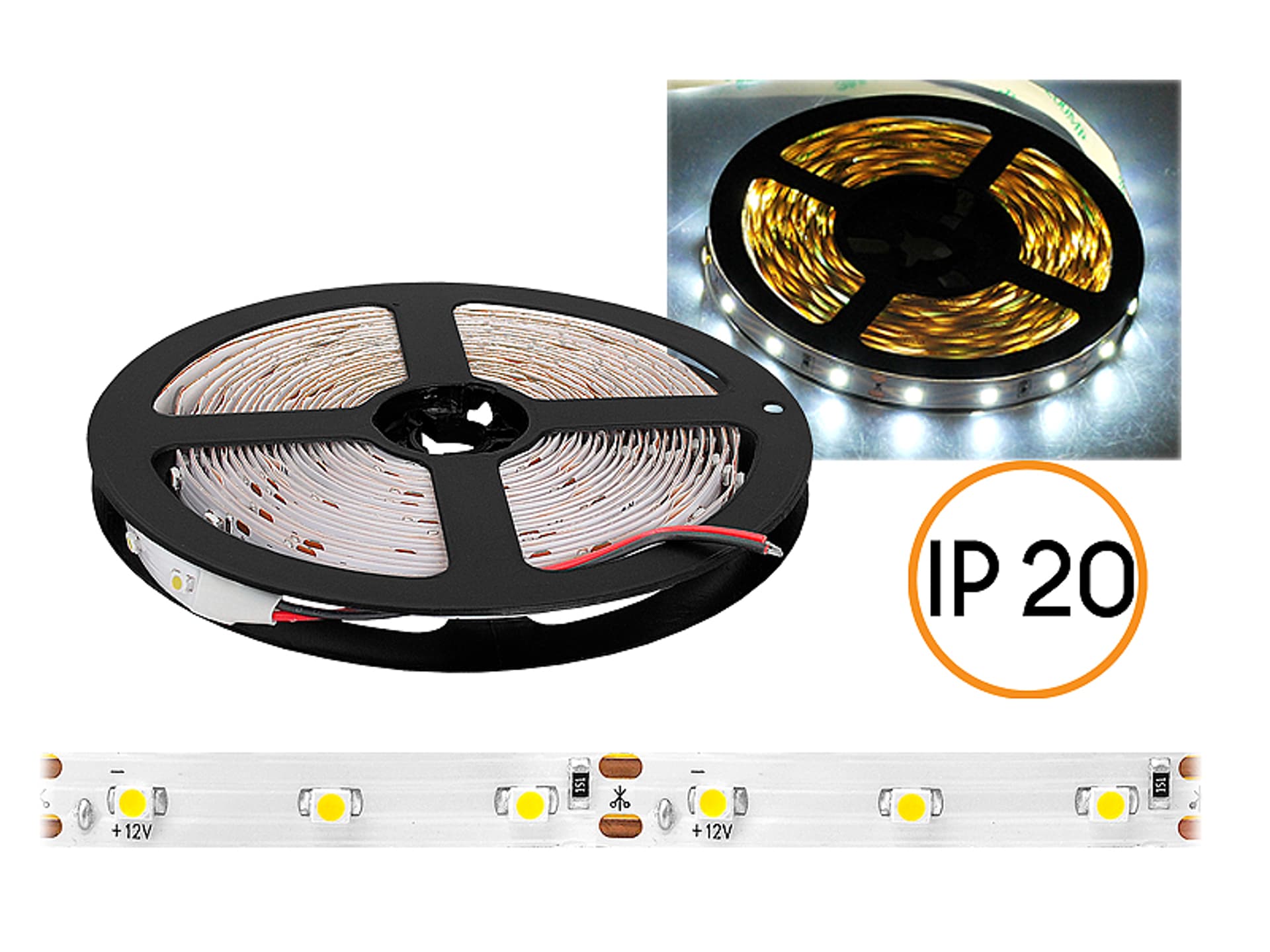 

1 rol. PS Sznur diodowy ECO IP20, światło zimne białe, 300 diod SMD2835, 5m, białe podłoże.