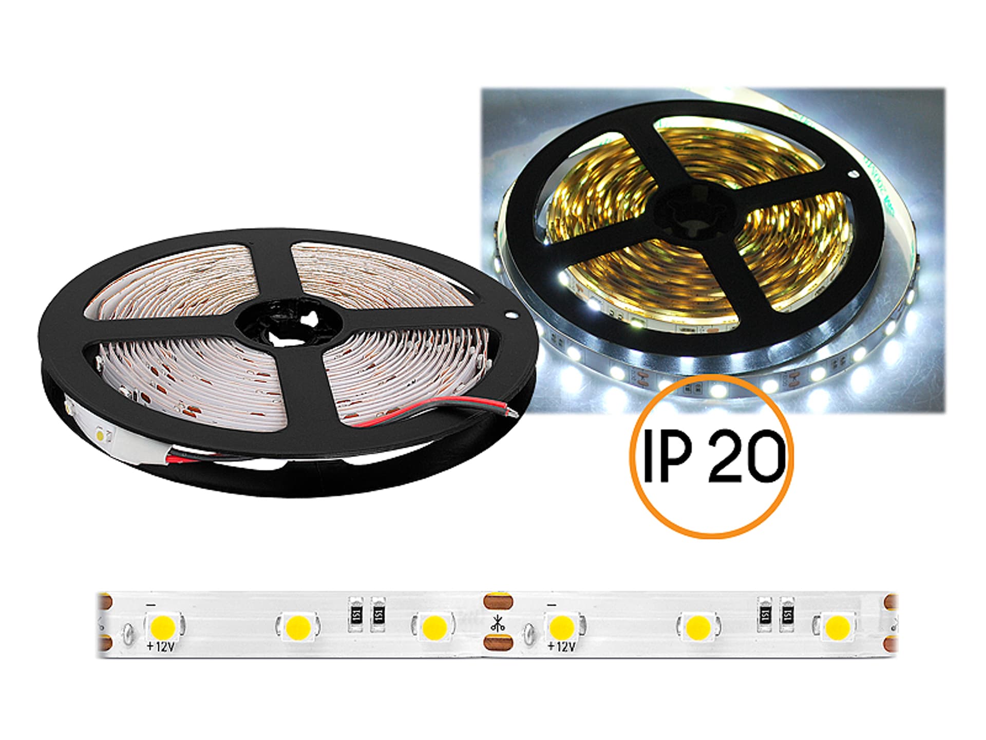 

1 rol. PS Sznur diodowy 5050 ECO IP20, światło zimne białe, 300 diod, 5m, białe podłoże.