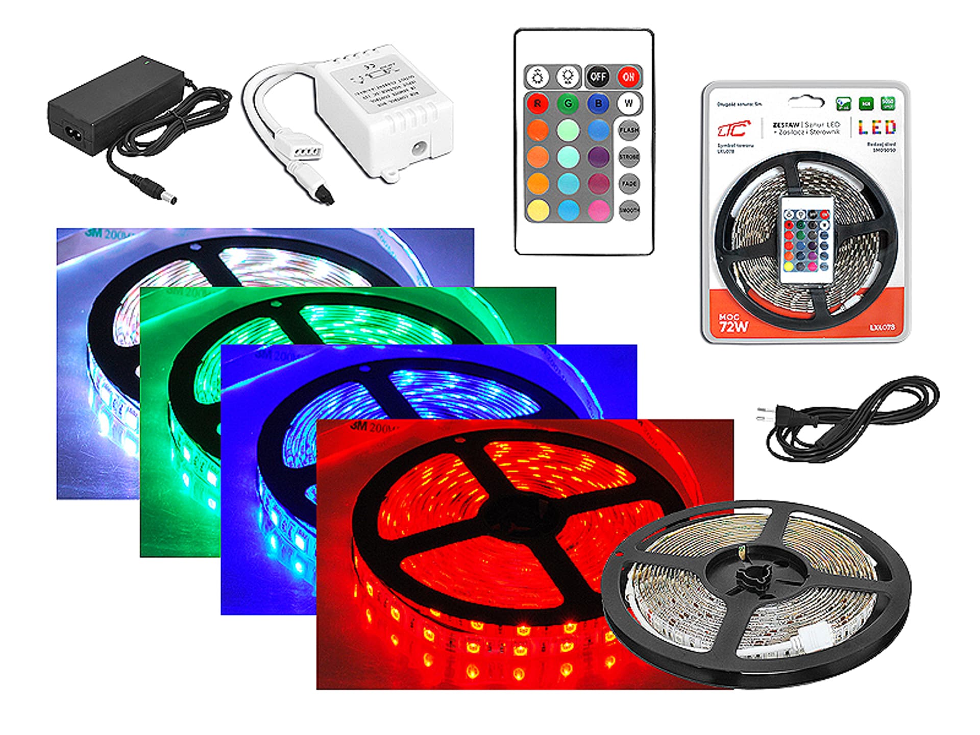 

1 szt. PS Zestaw: Sznur diodowy RGB IP65, 300 diod SMD5050, 5m + sterownik + zasilacz.