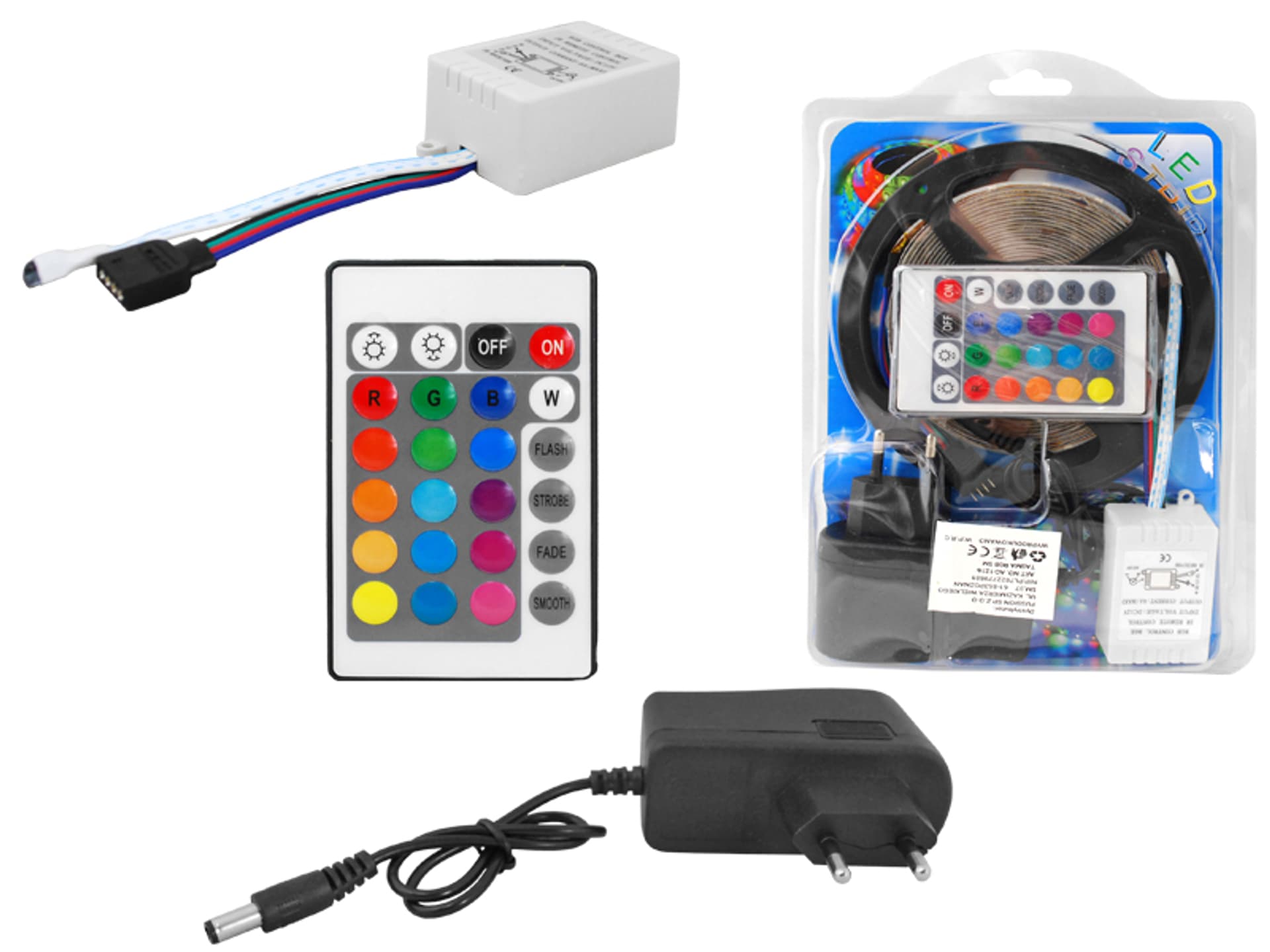 

1 szt. PS Zestaw: Sznur diodowy RGB IP65, 300 diod SMD3528, 4.6m + sterownik + zasilacz + pilot.