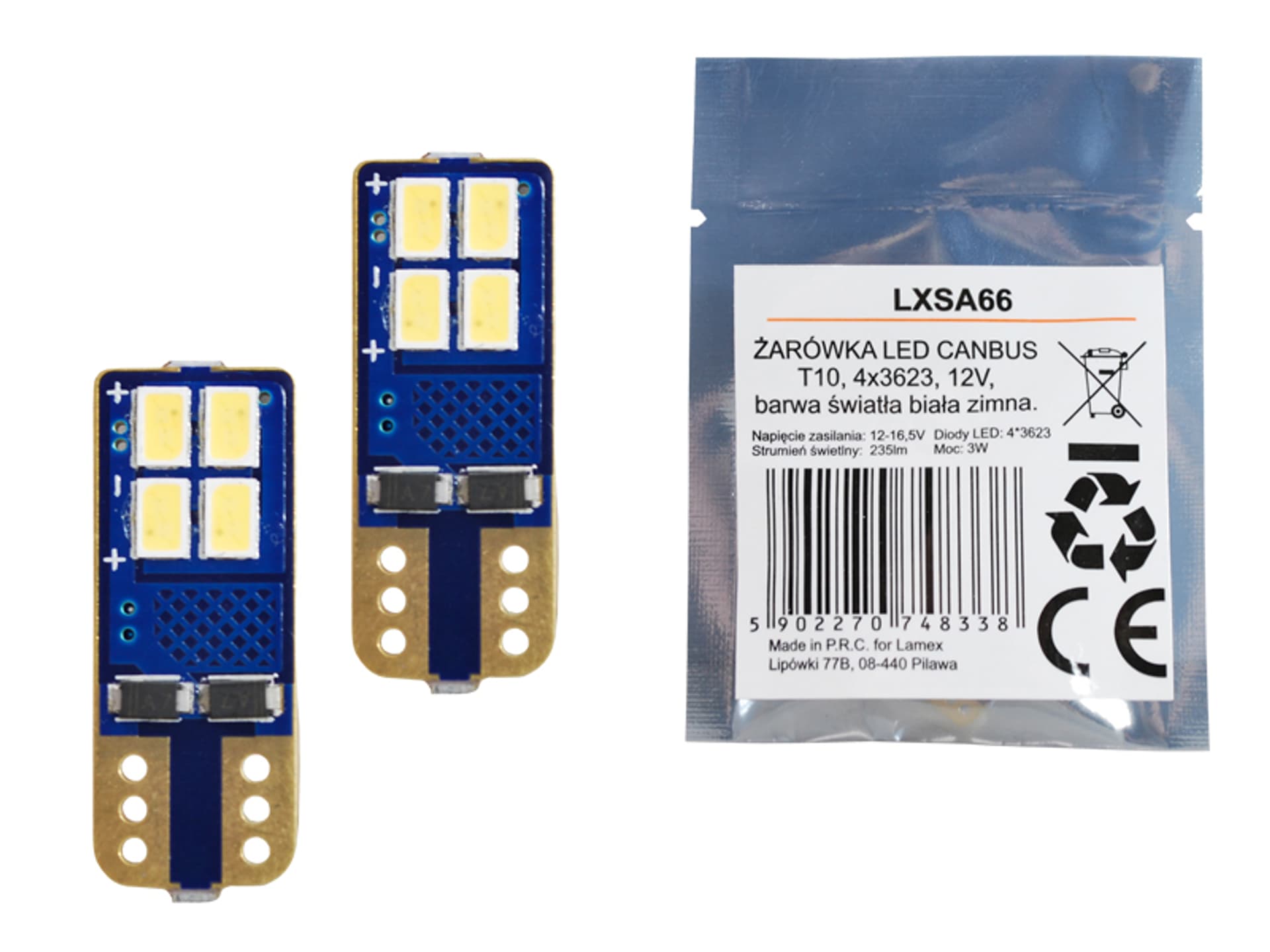 

1 kpl. Żarówka LED CANBUS T10, 4x3623, 12V, światło białe zimne.