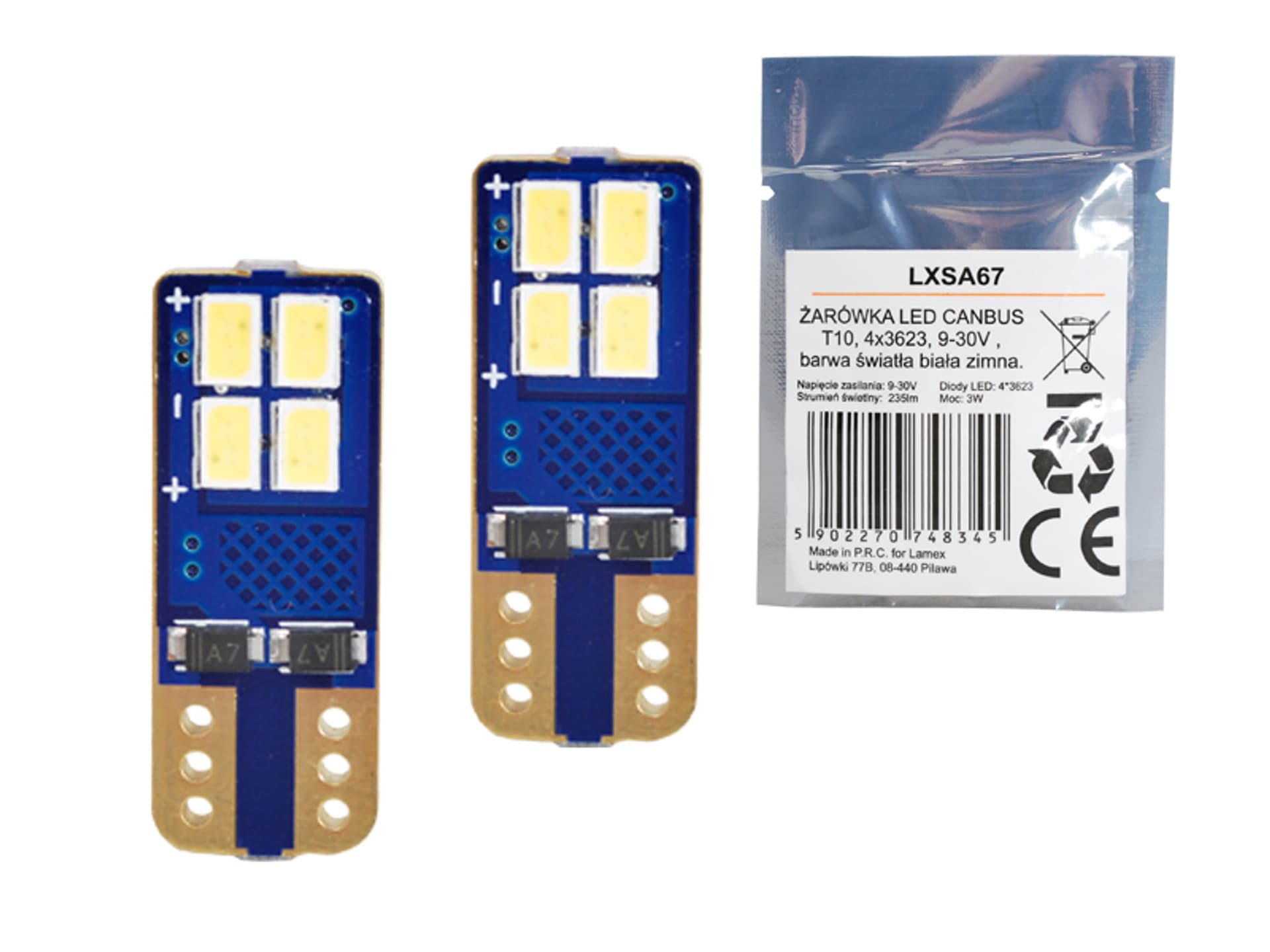 

1 szt. Żarówka LED CANBUS T10, 4x3623, 9-30V, światło białe zimne.