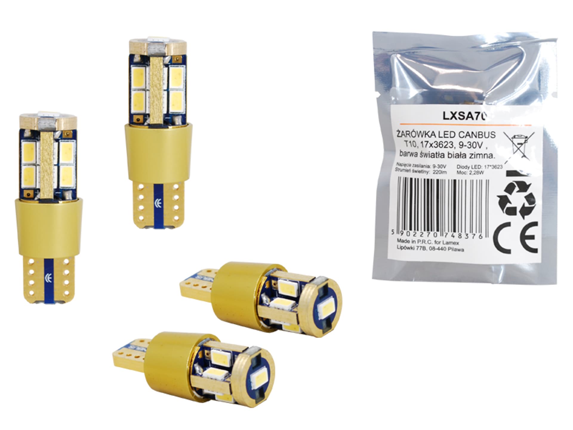

1 kpl. Żarówka LED CANBUS T10, 17x3623, 9-30V, światło białe zimne.