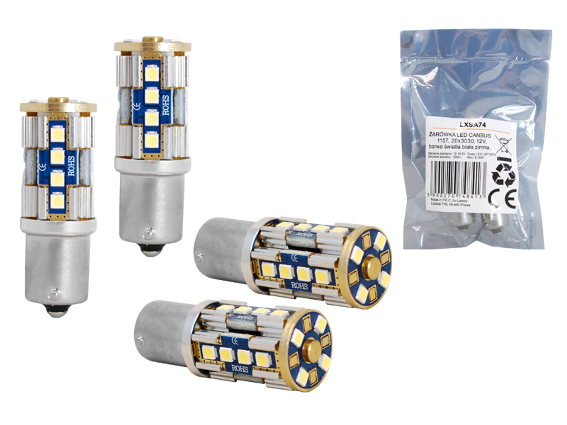 

1 kpl. Żarówka LED CANBUS 1157, 20x3030, 12V, światło białe zimne.