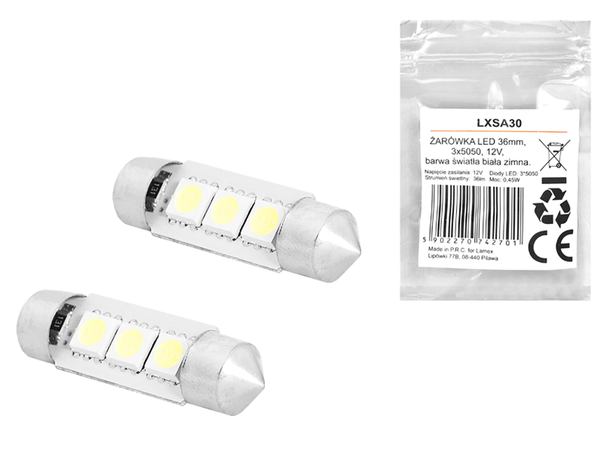 

1 kpl. ŻARÓWKA LED 36mm 3x5050, 12V, barwa światła biała zimna.