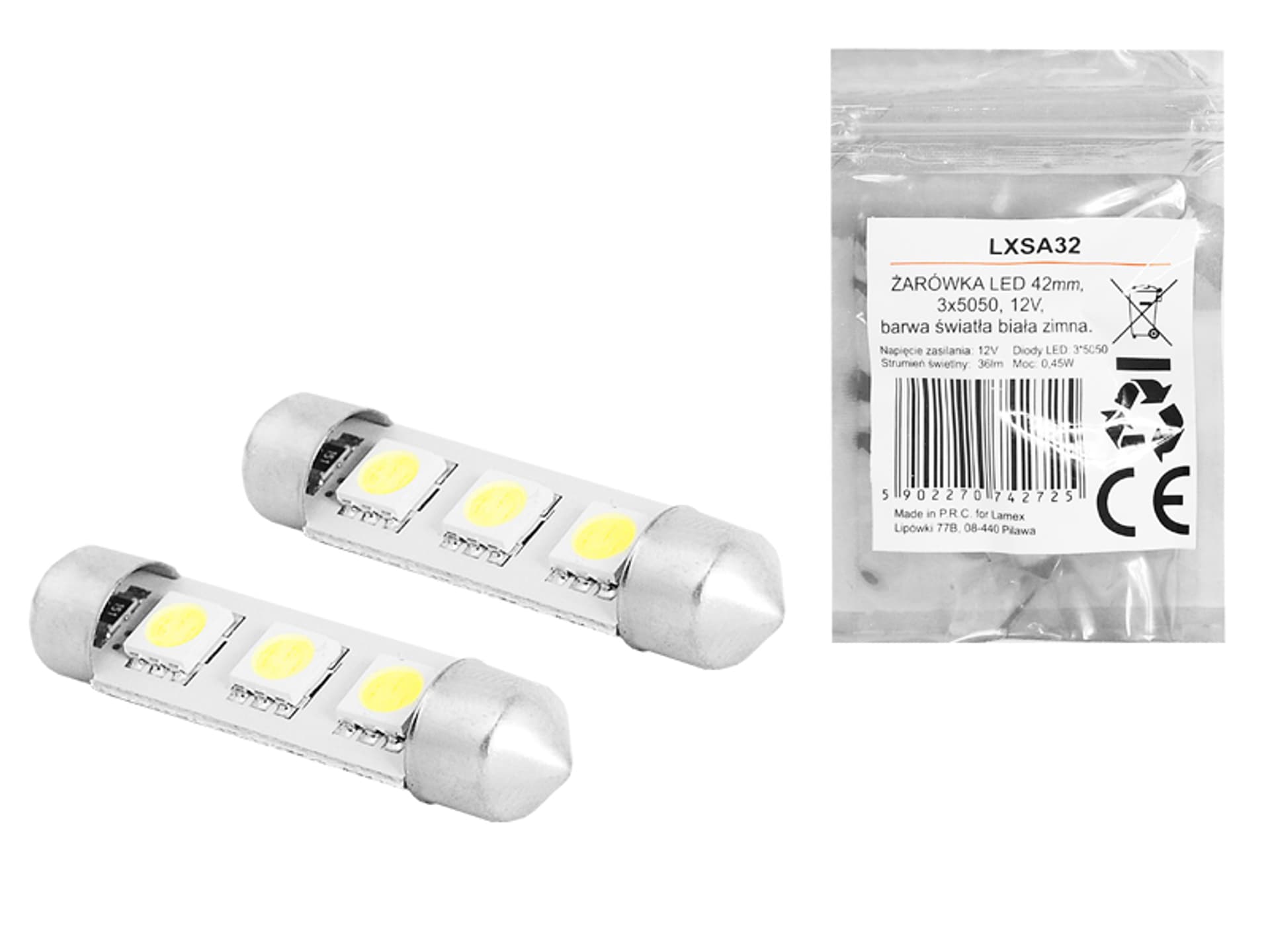

1 kpl. ŻARÓWKA LED 42mm, 3x5050, 12V, barwa światła biała zimna.