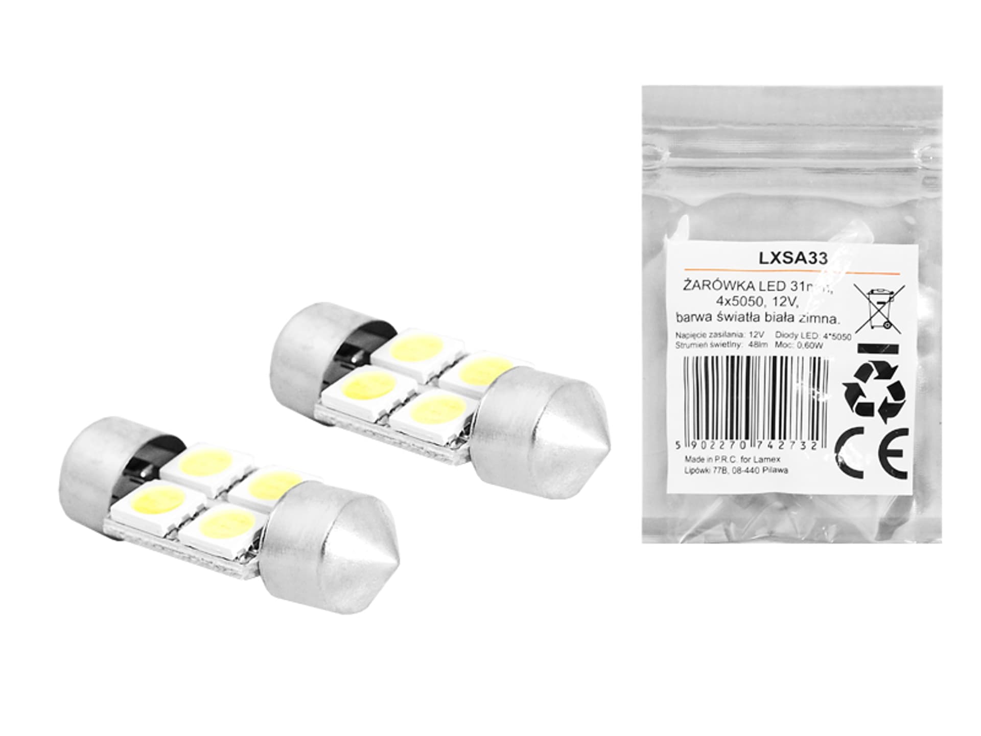 

1 kpl. ŻARÓWKA LED 31mm, 4x5050, 12V, barwa światła biała zimna.