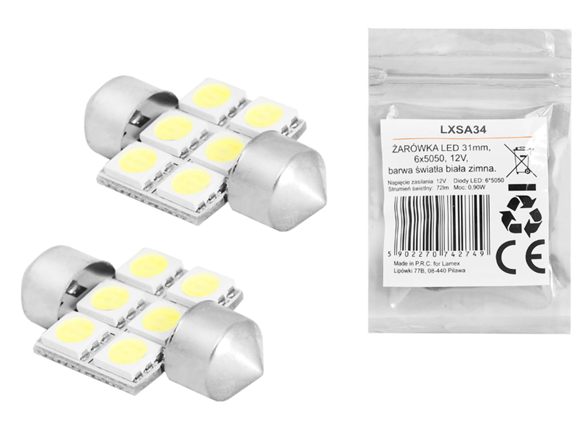 

ŻARÓWKA LED 31mm, 6x5050, 12V, barwa światła biała zimna. (1LM)