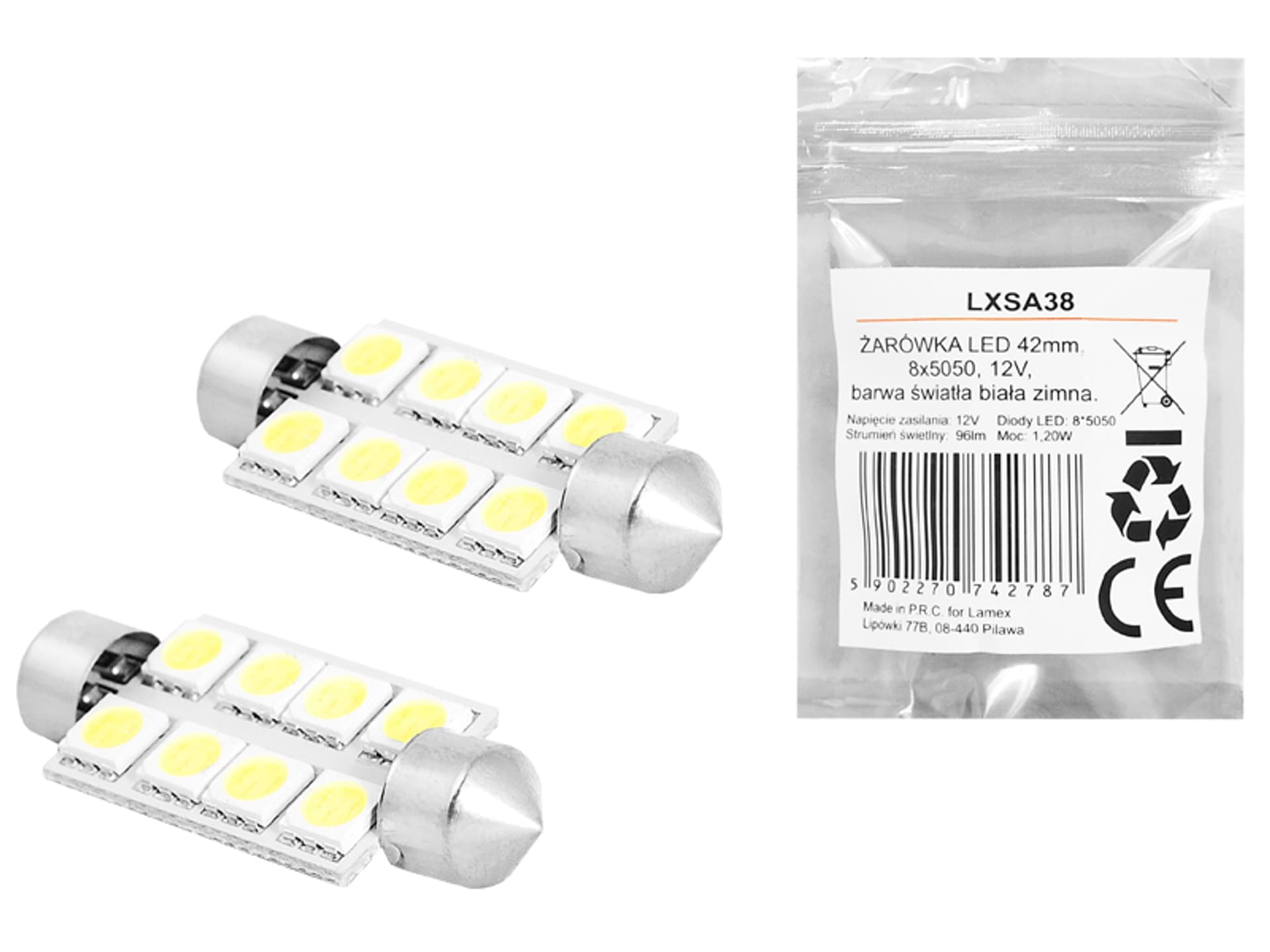 

1 kpl. ŻARÓWKA LED 42mm, 8x5050, 12V, barwa światła biała zimna.