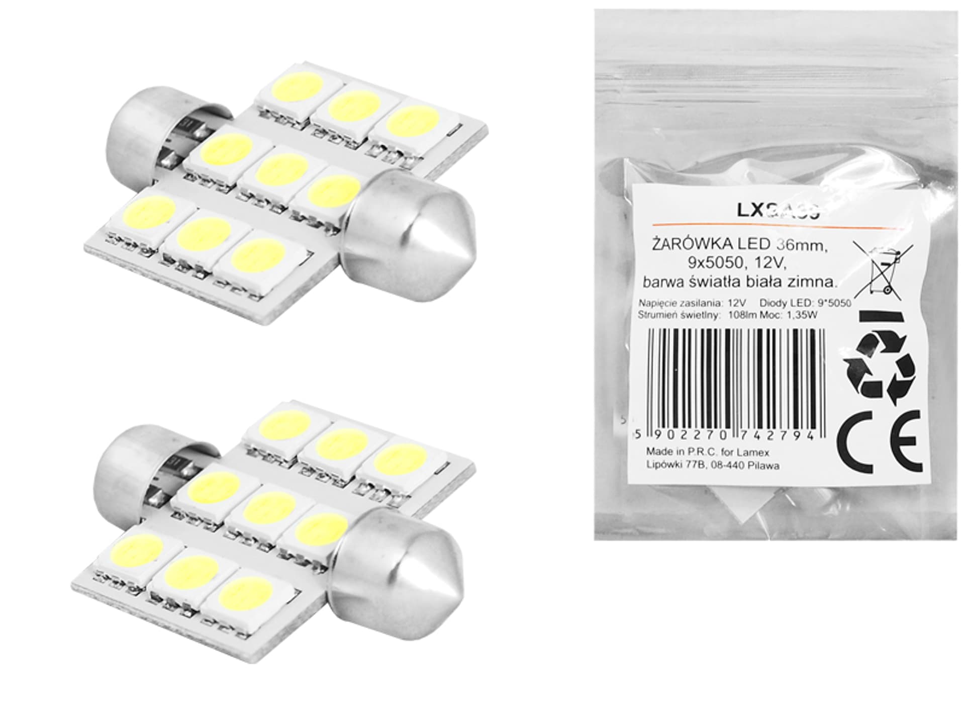 

1 kpl. ŻARÓWKA LED 36mm, 9x5050, 12V, barwa światła biała zimna.