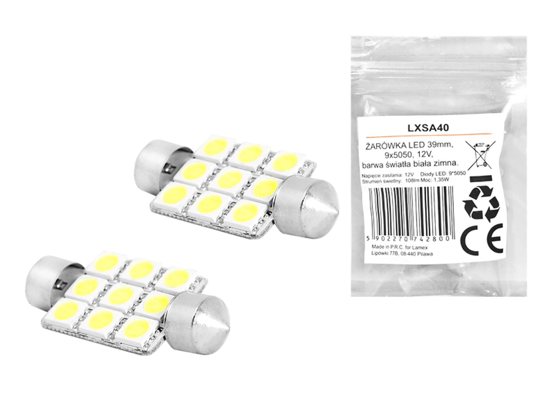 

1 kpl. ŻARÓWKA LED 39mm, 9x5050, 12V, barwa światła biała zimna.