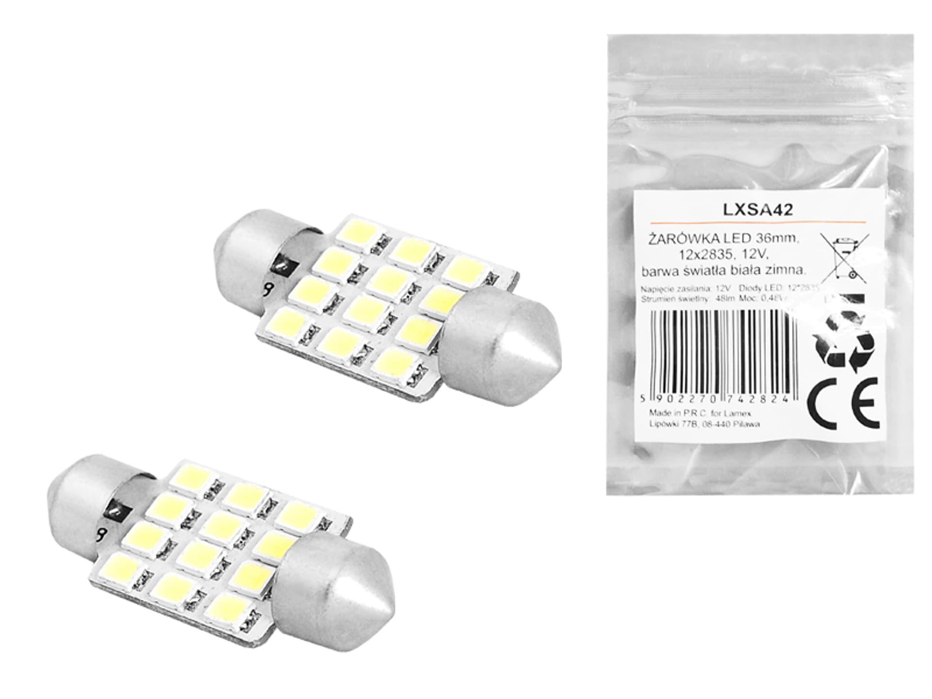 

1 kpl. ŻARÓWKA LED 36mm, 12x2835, 12V, barwa światła biała zimna.