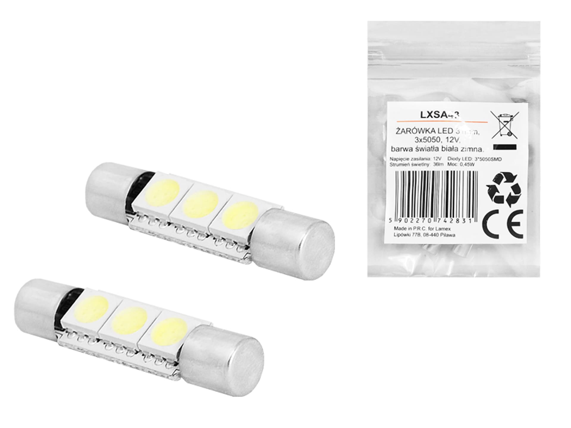 

1 kpl. ŻARÓWKA LED 31mm, 3x5050, 12V, barwa światła biała zimna.
