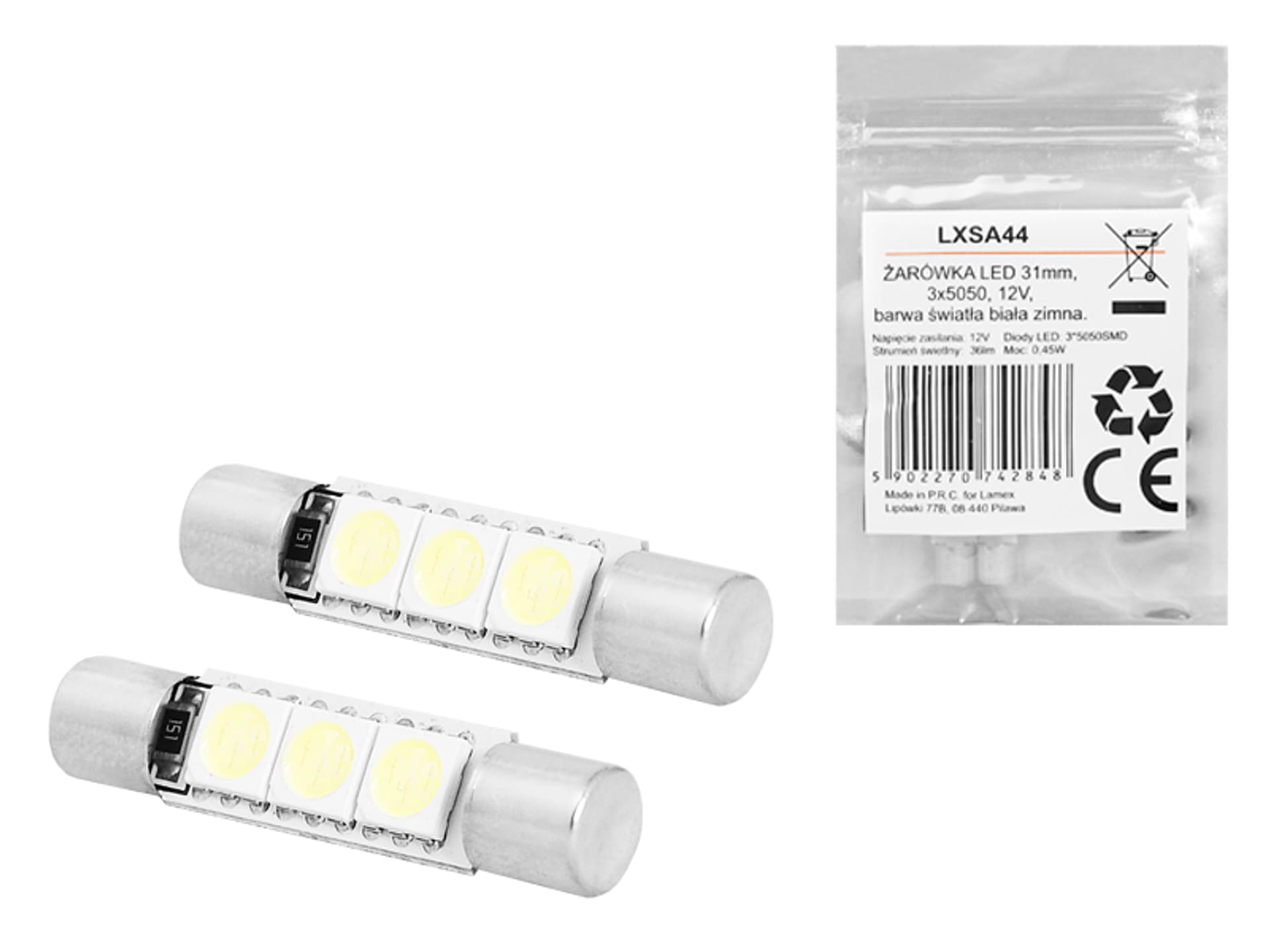 

1 kpl. ŻARÓWKA LED 31mm, 3x5050, 12V, barwa światła biała zimna.