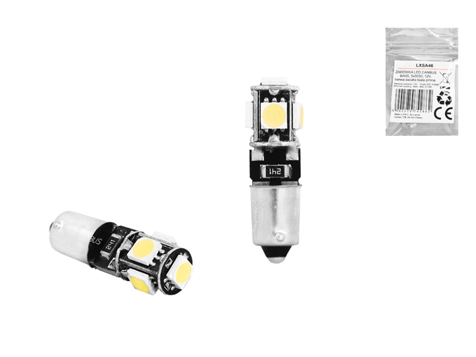 

1 kpl. ŻARÓWKA LED CANBUS BA9S, 5x5050, 12V, barwa światła biała zimna.